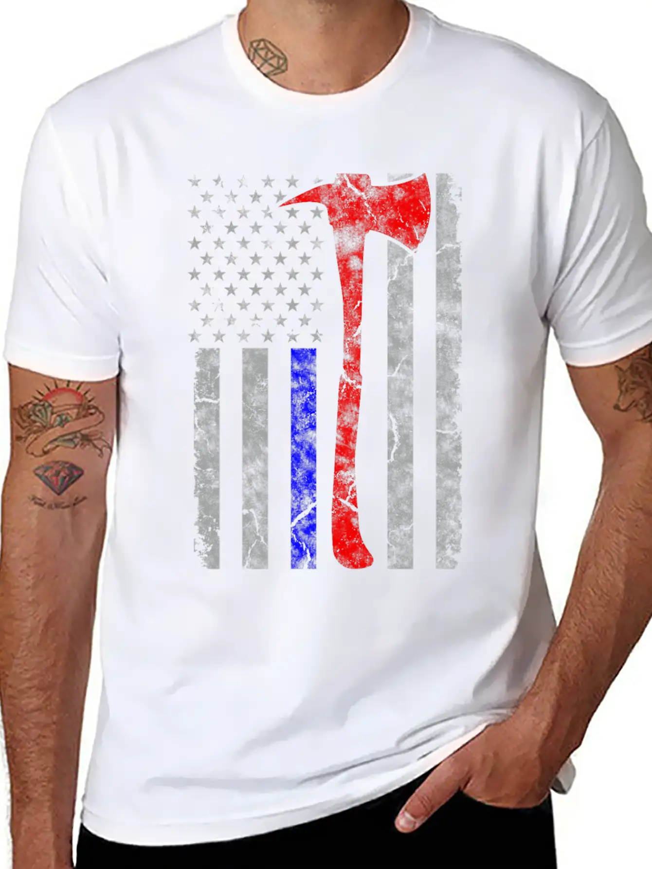Thin Blue-Red Line Police Firefighter Axe Hook Essential Cotton Tee For Daily Outfits – Unisex Style