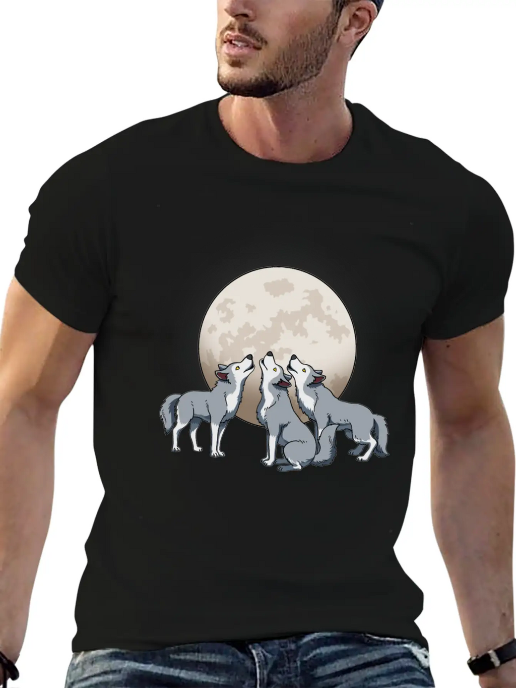 Three Wolves Howling At The Moon Funny Wolf Gift Classic Fit Graphic Tee For Daily Comfort – Unisex Cotton Shirt
