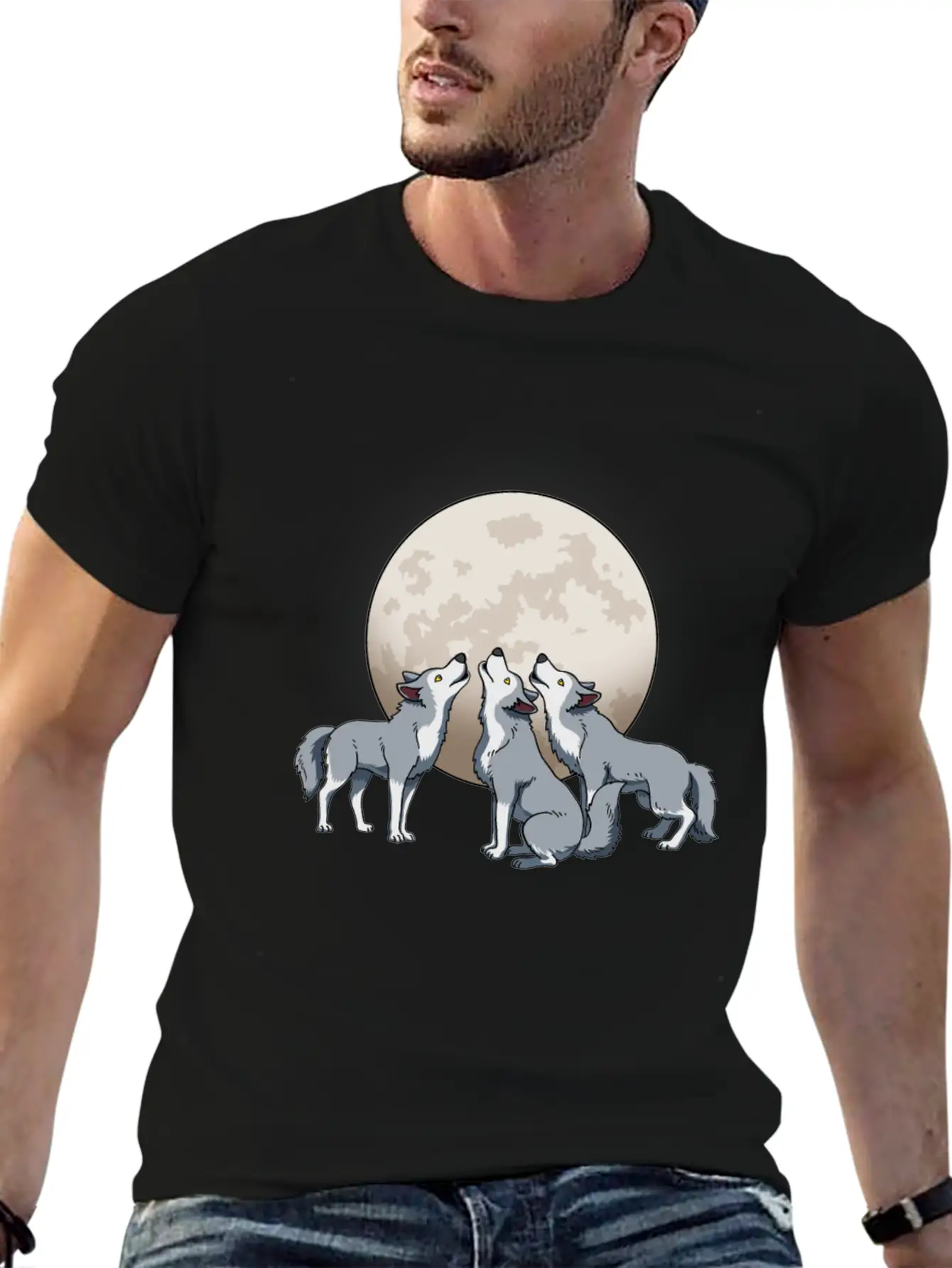 Three Wolves Howling At The Moon Funny Wolf Gift Classic Fit Graphic Tee For Daily Comfort – Unisex Cotton Shirt