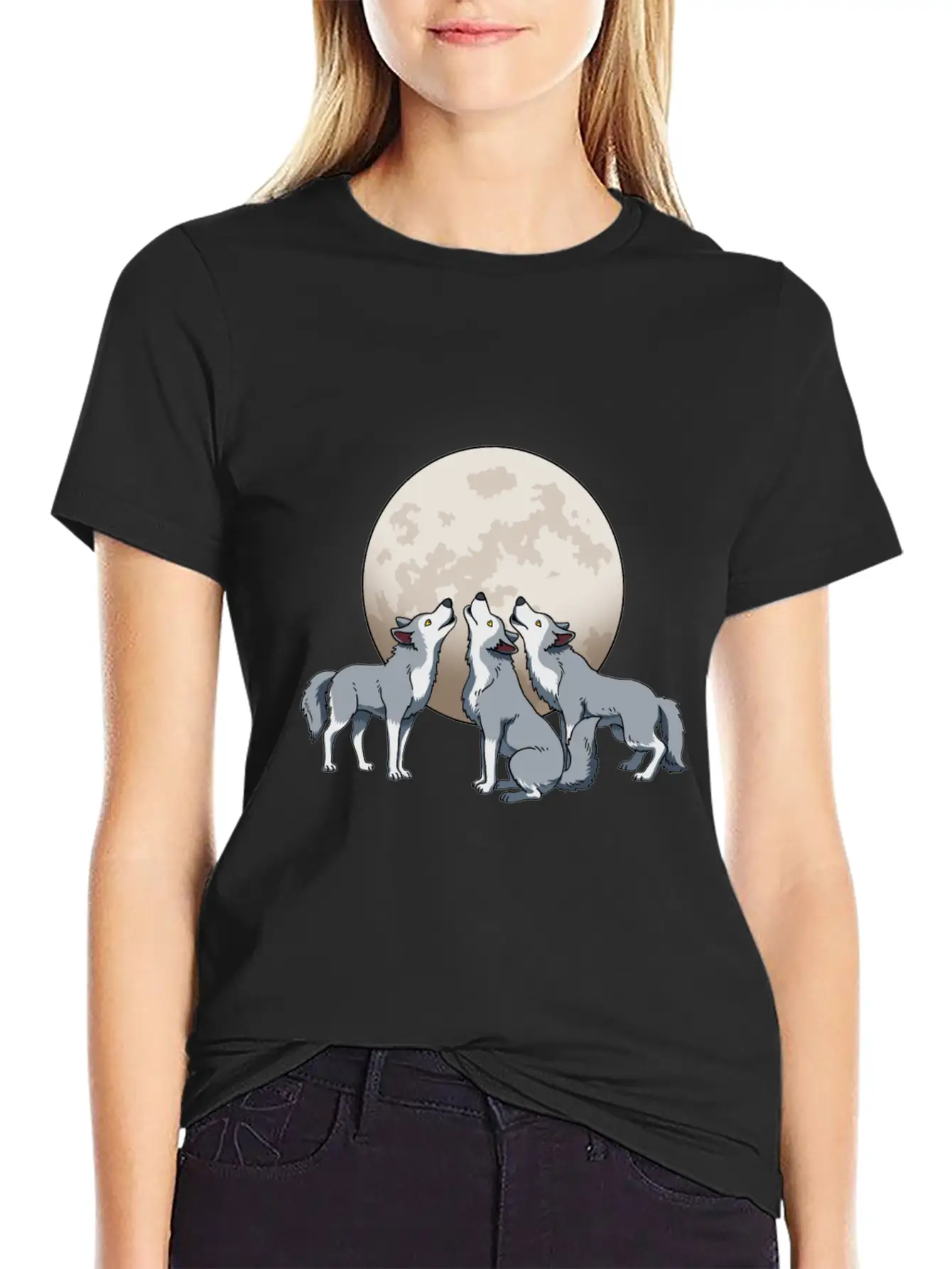 Three Wolves Howling At The Moon Funny Wolf Gift Classic Fit Graphic Tee For Daily Comfort – Unisex Cotton Shirt