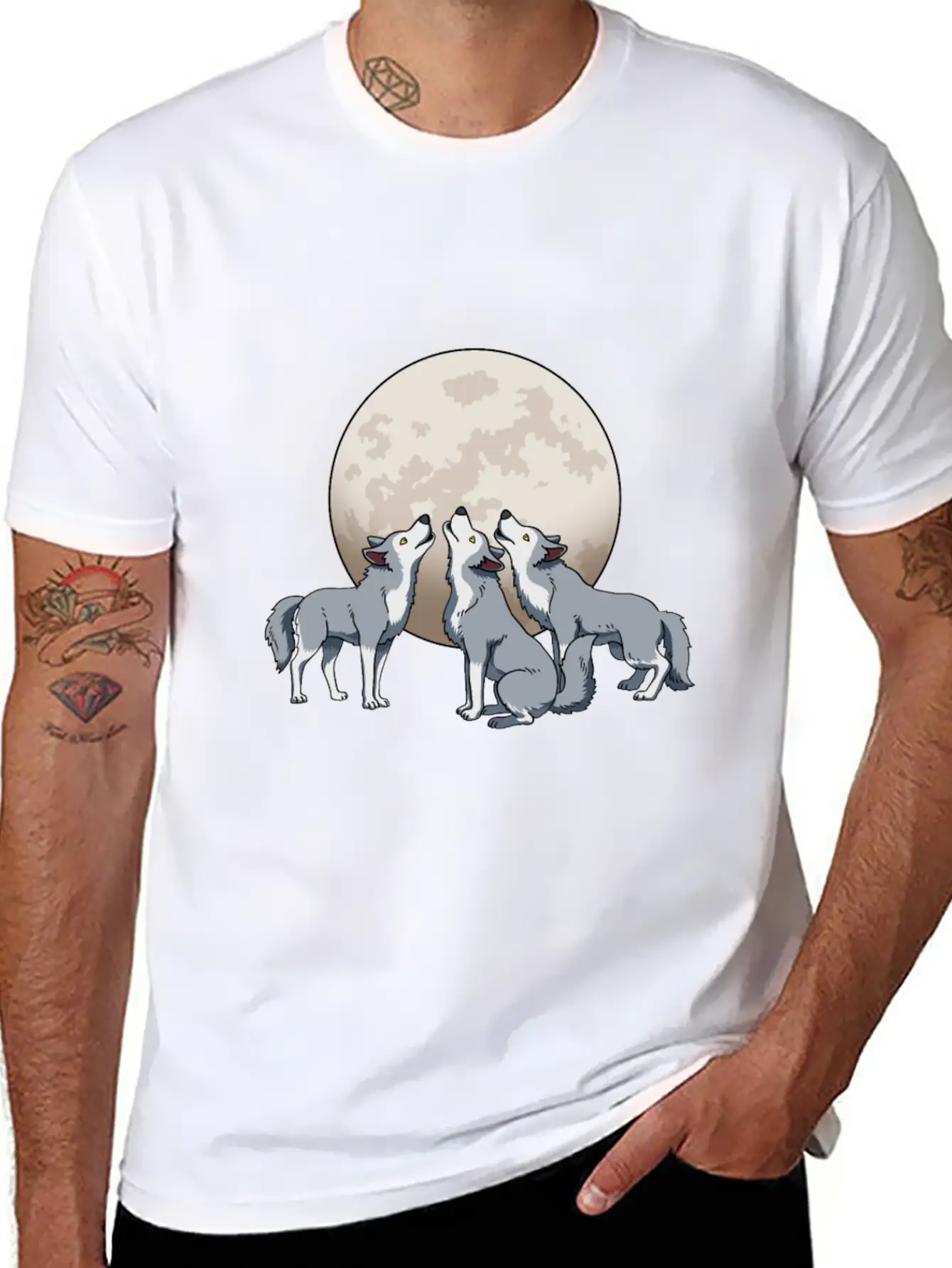 Three Wolves Howling At The Moon Funny Wolf Gift Classic Fit Graphic Tee For Daily Comfort – Unisex Cotton Shirt