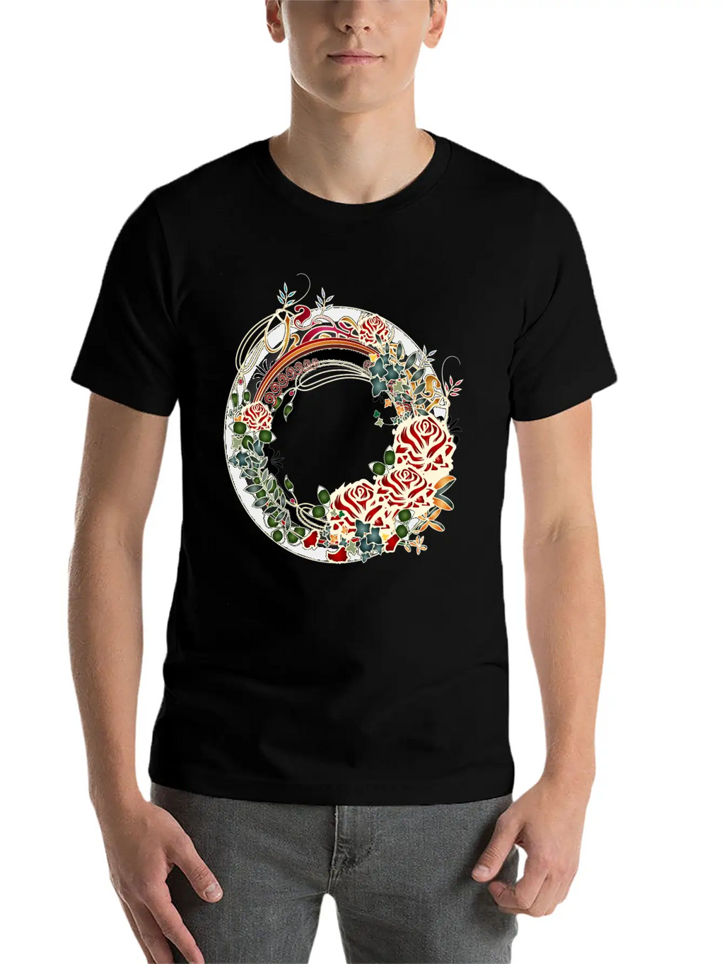 Timelessly Beautiful Rose Garden Art Nouveau Frame Unisex Short Sleeve Soft Cotton T-Shirt – Casual Everyday Wear