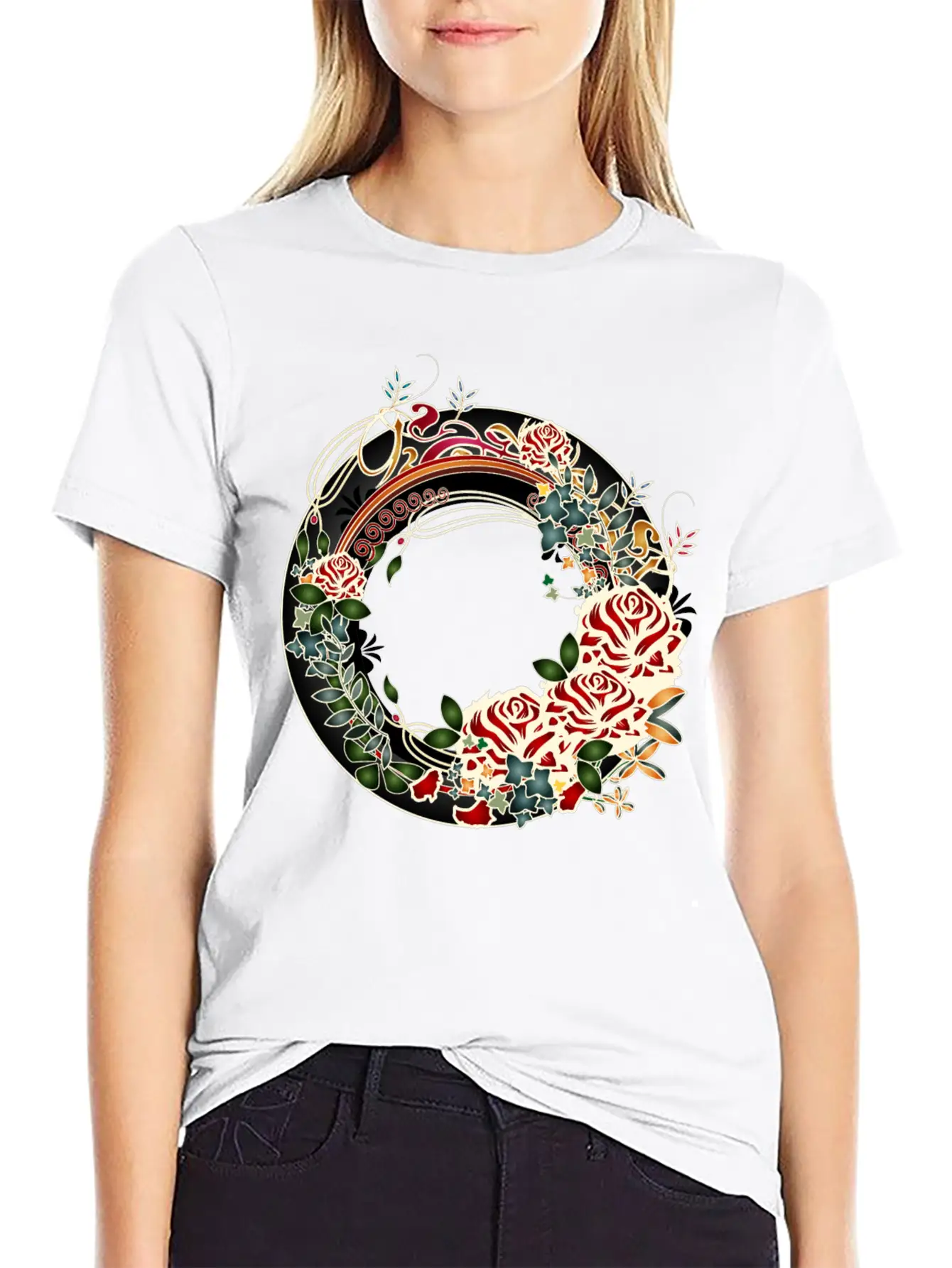 Timelessly Beautiful Rose Garden Art Nouveau Frame Unisex Short Sleeve Soft Cotton T-Shirt – Casual Everyday Wear