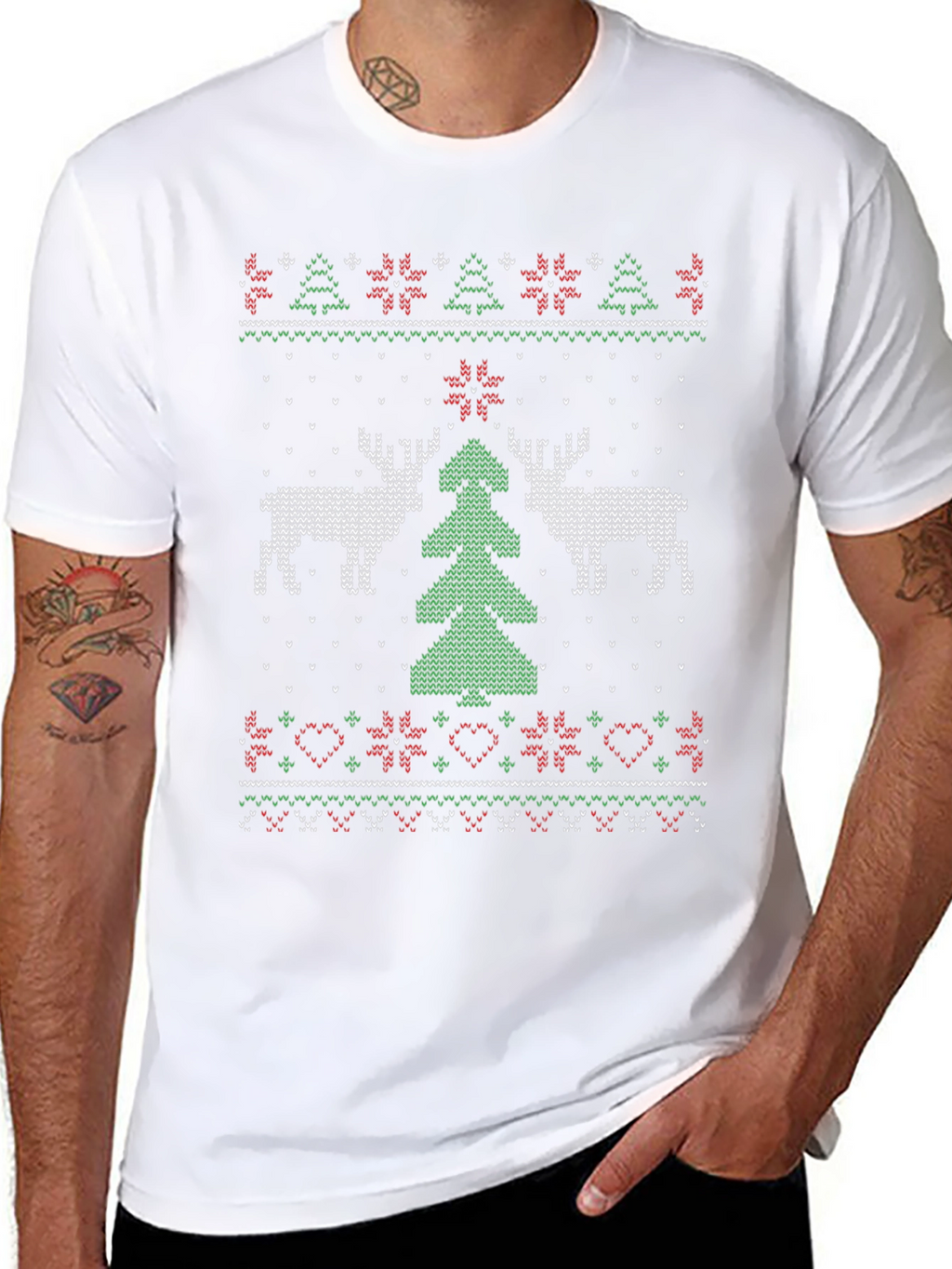 Festive Christmas Deer Tree Knit Pattern Tee