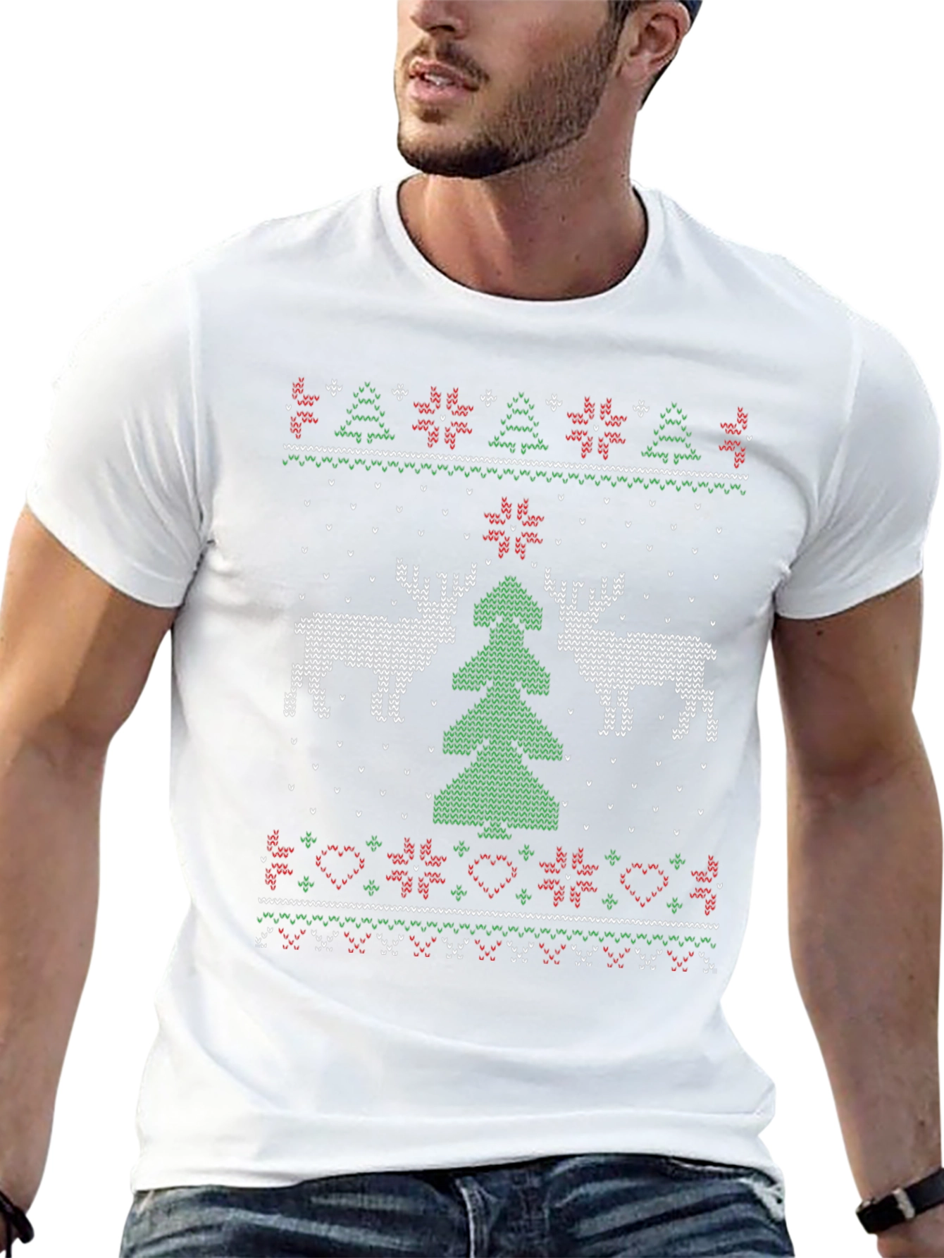 Festive Christmas Deer Tree Knit Pattern Tee