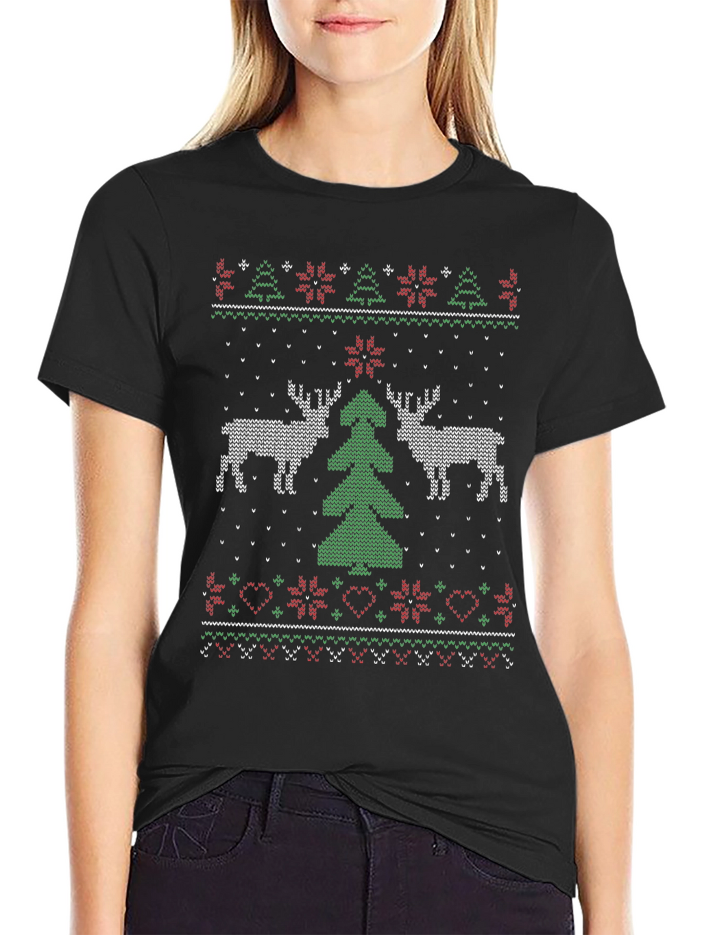 Festive Christmas Deer Tree Knit Pattern Tee