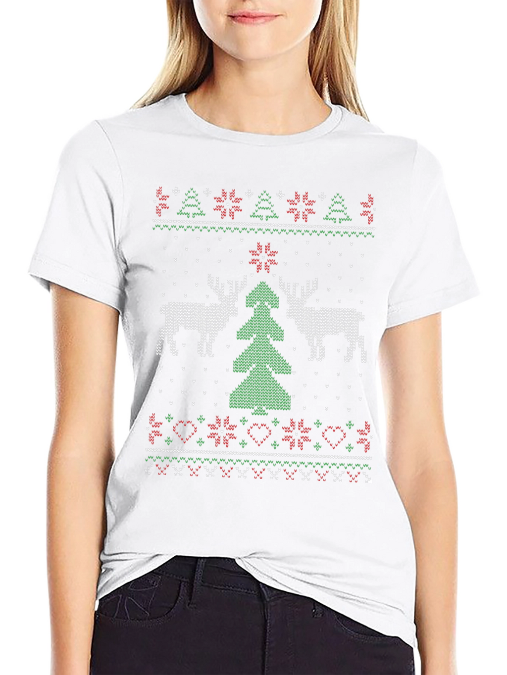 Festive Christmas Deer Tree Knit Pattern Tee