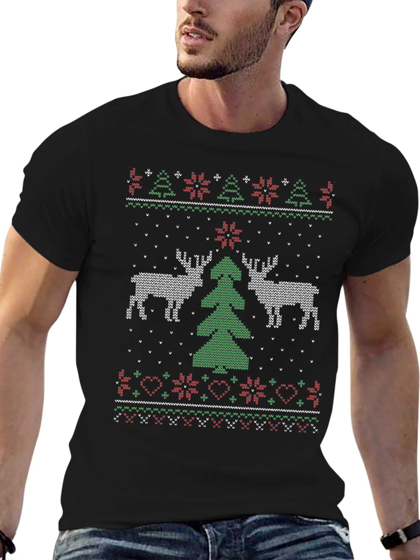Festive Christmas Deer Tree Knit Pattern Tee