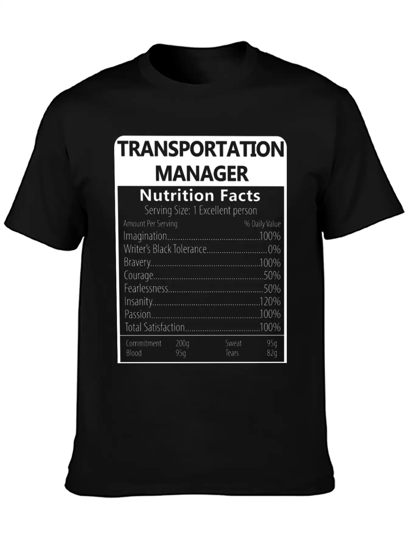 Transportation Manager Nutrition Facts Sarcastic Unisex Casual T-Shirt – Clean Design For Daily Comfort