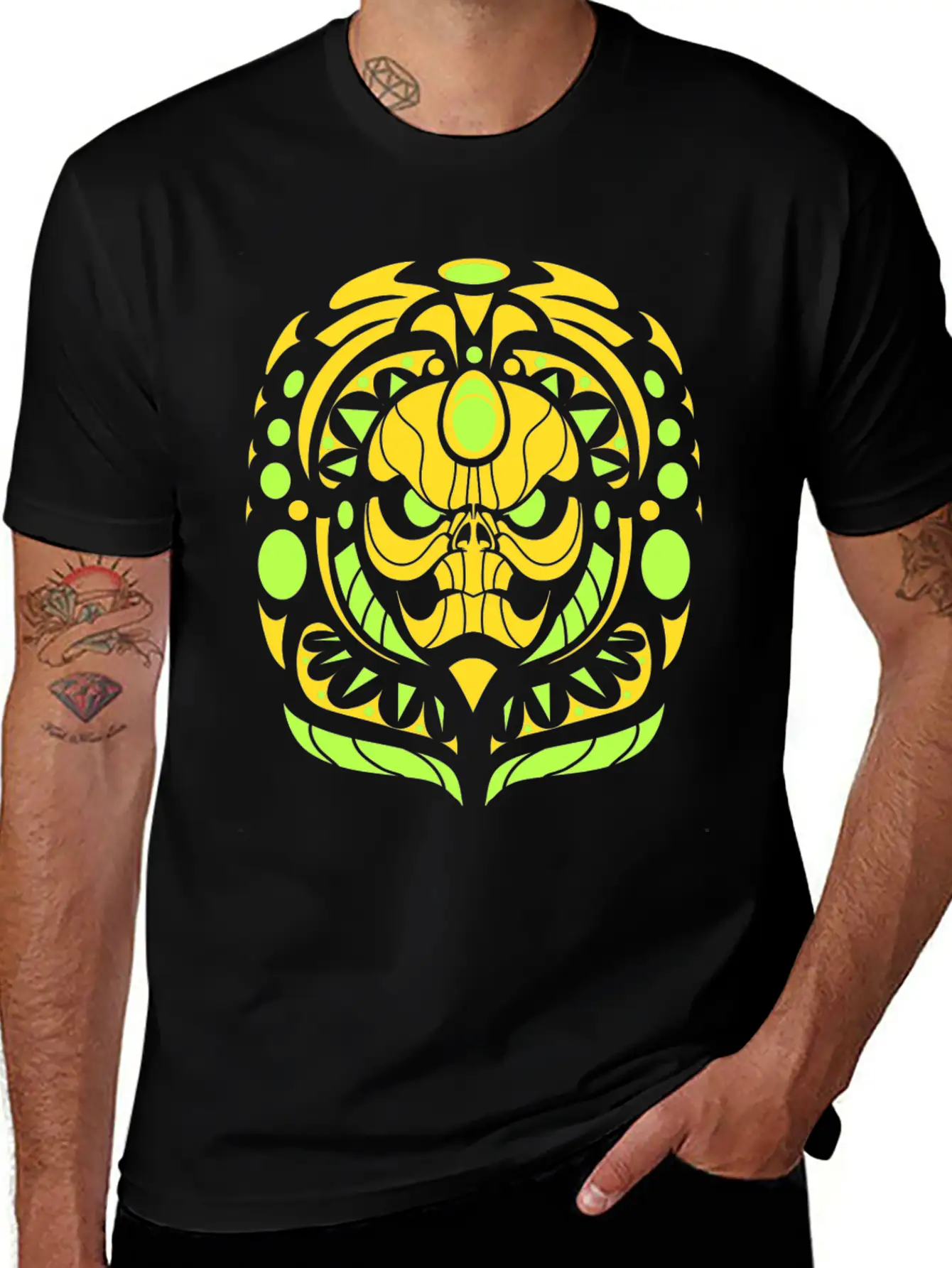 Tribal Skull Yellow Unisex Short Sleeve Soft Cotton T-Shirt – Casual Everyday Wear