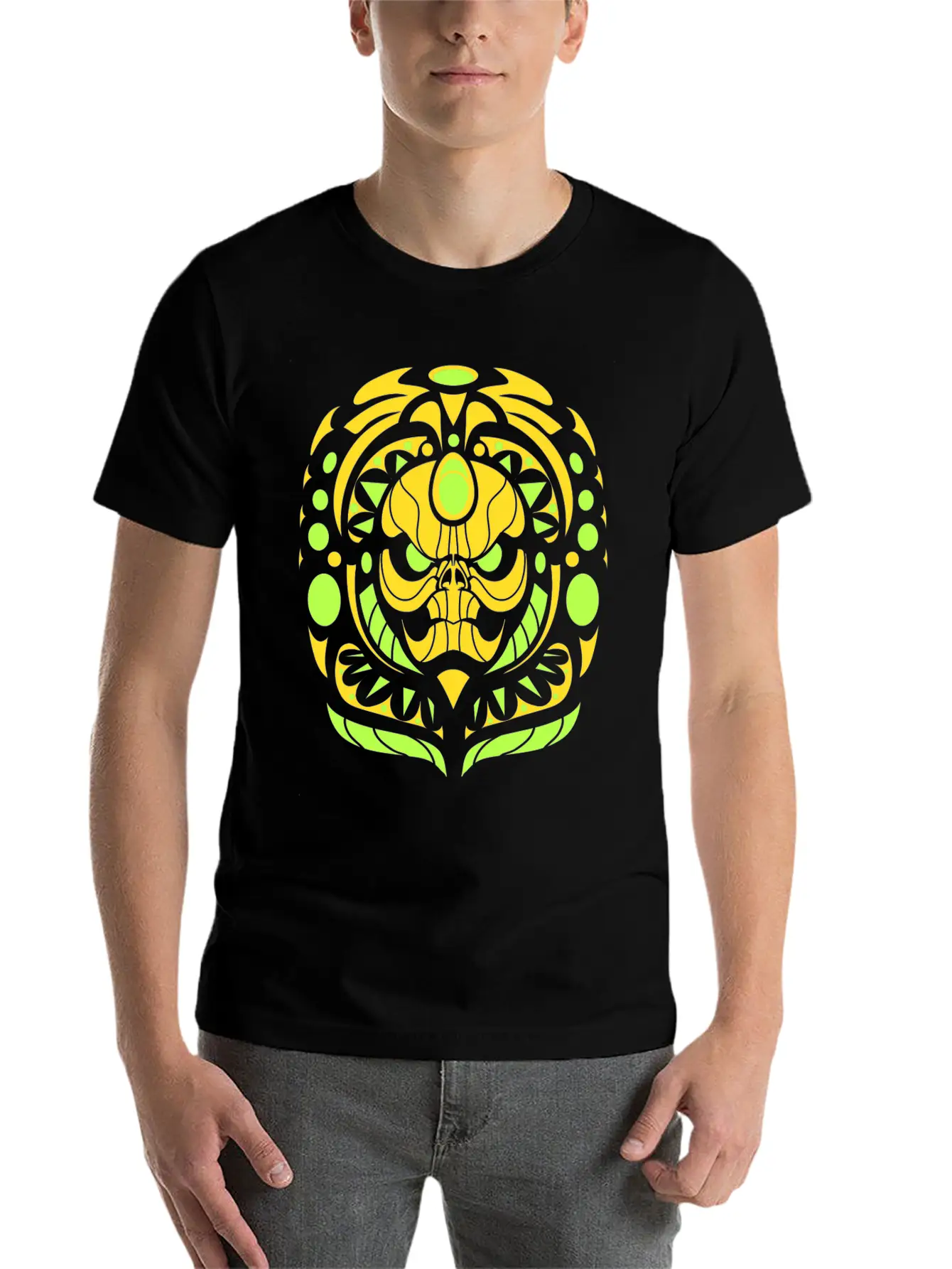 Tribal Skull Yellow Unisex Short Sleeve Soft Cotton T-Shirt – Casual Everyday Wear