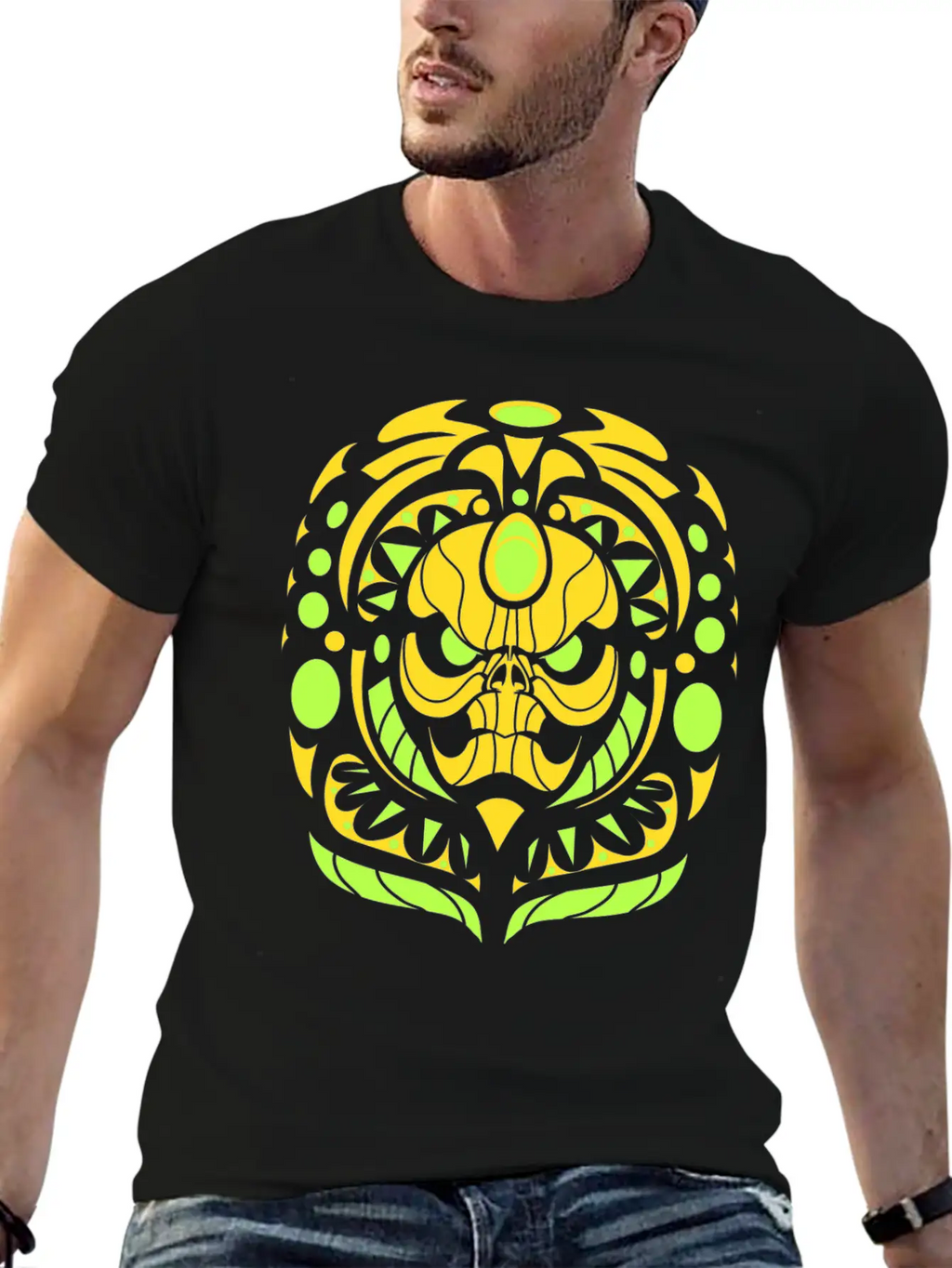 Tribal Skull Yellow Unisex Short Sleeve Soft Cotton T-Shirt – Casual Everyday Wear