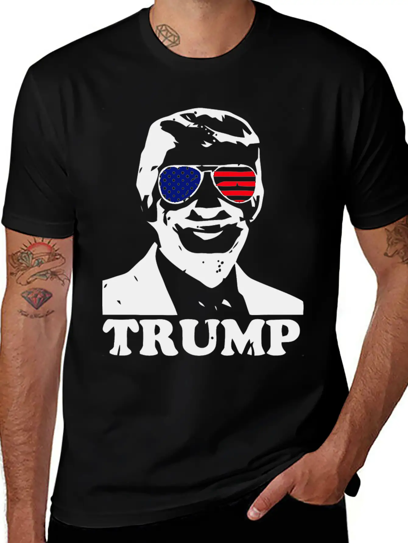 Trump With American Flag Stylish Everyday T-Shirt – Unisex Basic Cotton Tee