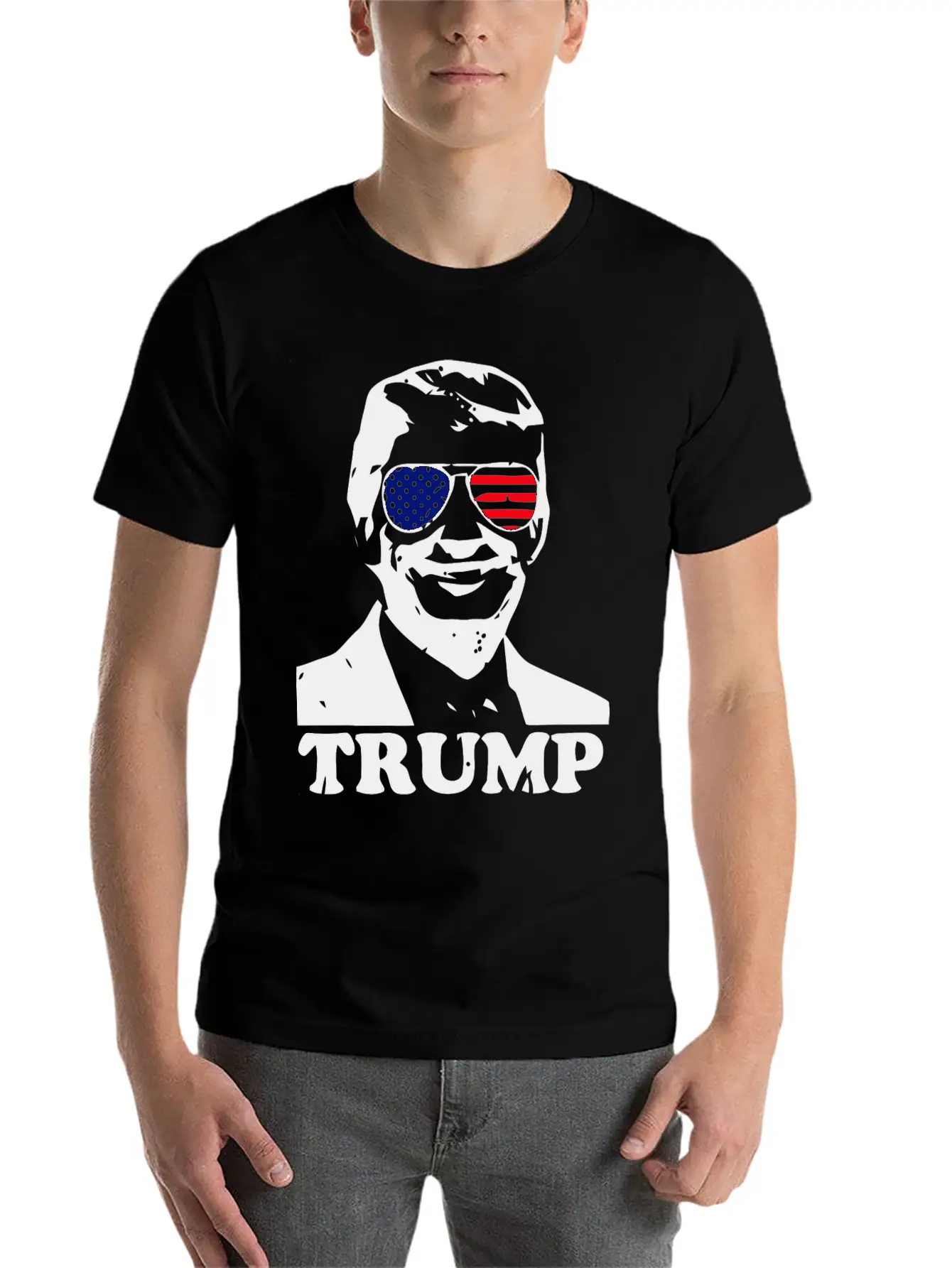 Trump With American Flag Stylish Everyday T-Shirt – Unisex Basic Cotton Tee