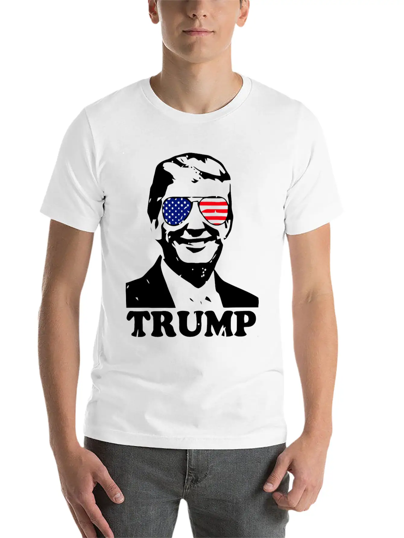 Trump With American Flag Stylish Everyday T-Shirt – Unisex Basic Cotton Tee