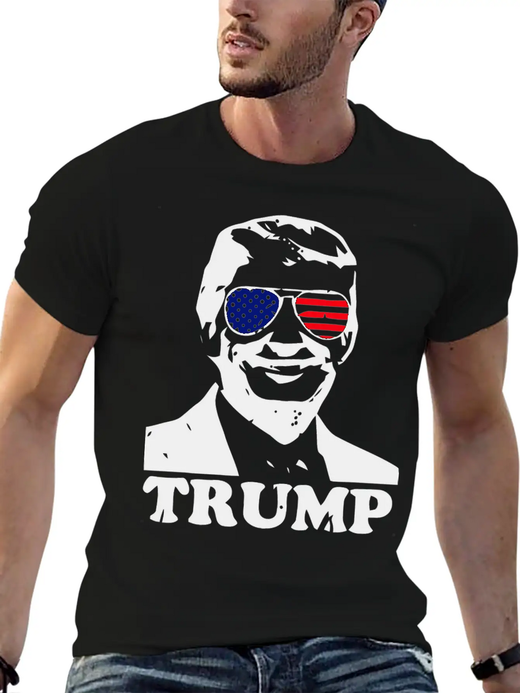 Trump With American Flag Stylish Everyday T-Shirt – Unisex Basic Cotton Tee