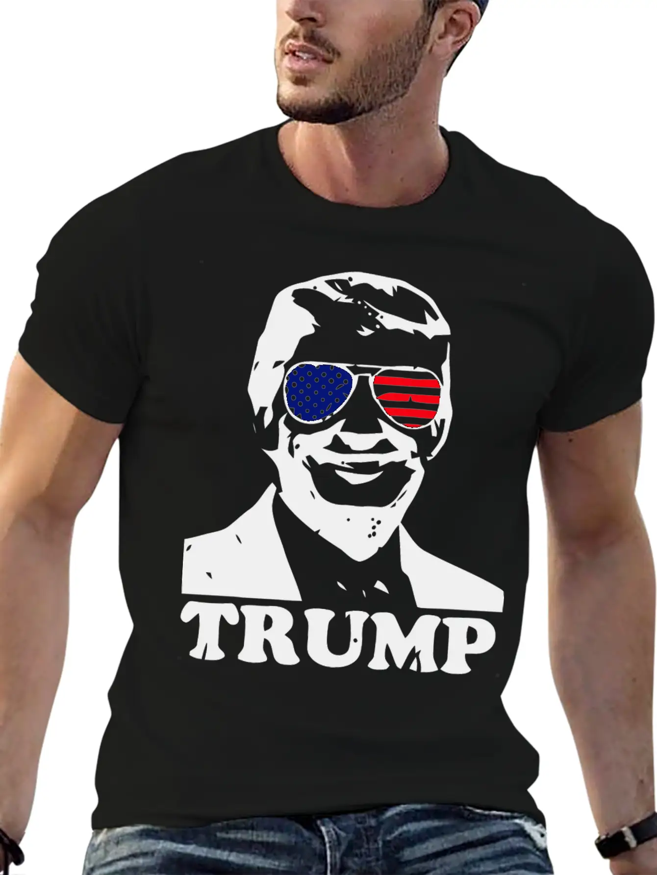 Trump With American Flag Stylish Everyday T-Shirt – Unisex Basic Cotton Tee
