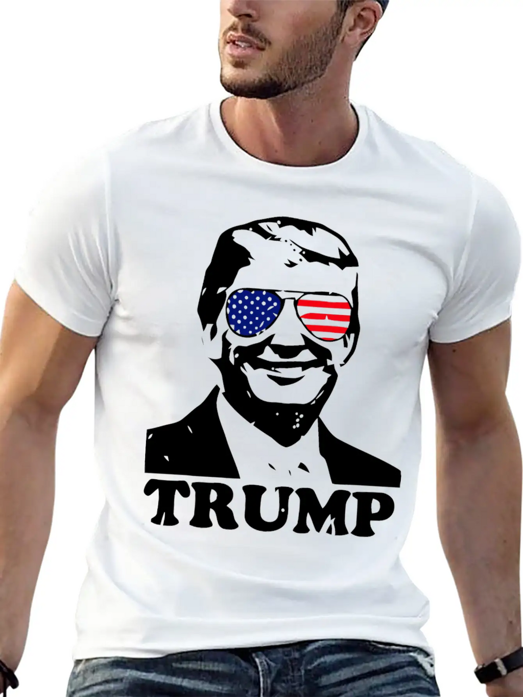 Trump With American Flag Stylish Everyday T-Shirt – Unisex Basic Cotton Tee
