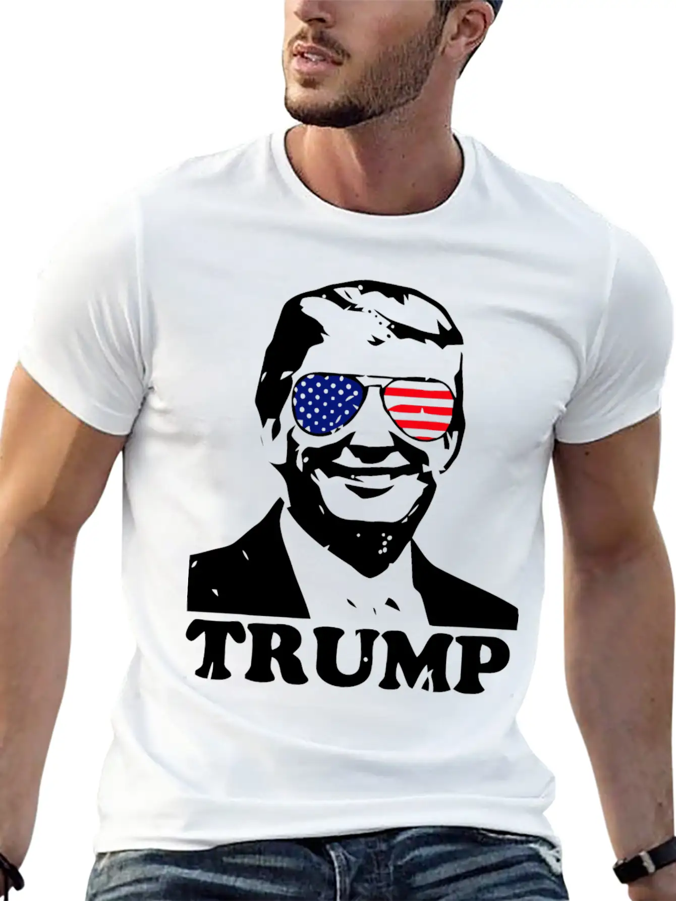 Trump With American Flag Stylish Everyday T-Shirt – Unisex Basic Cotton Tee