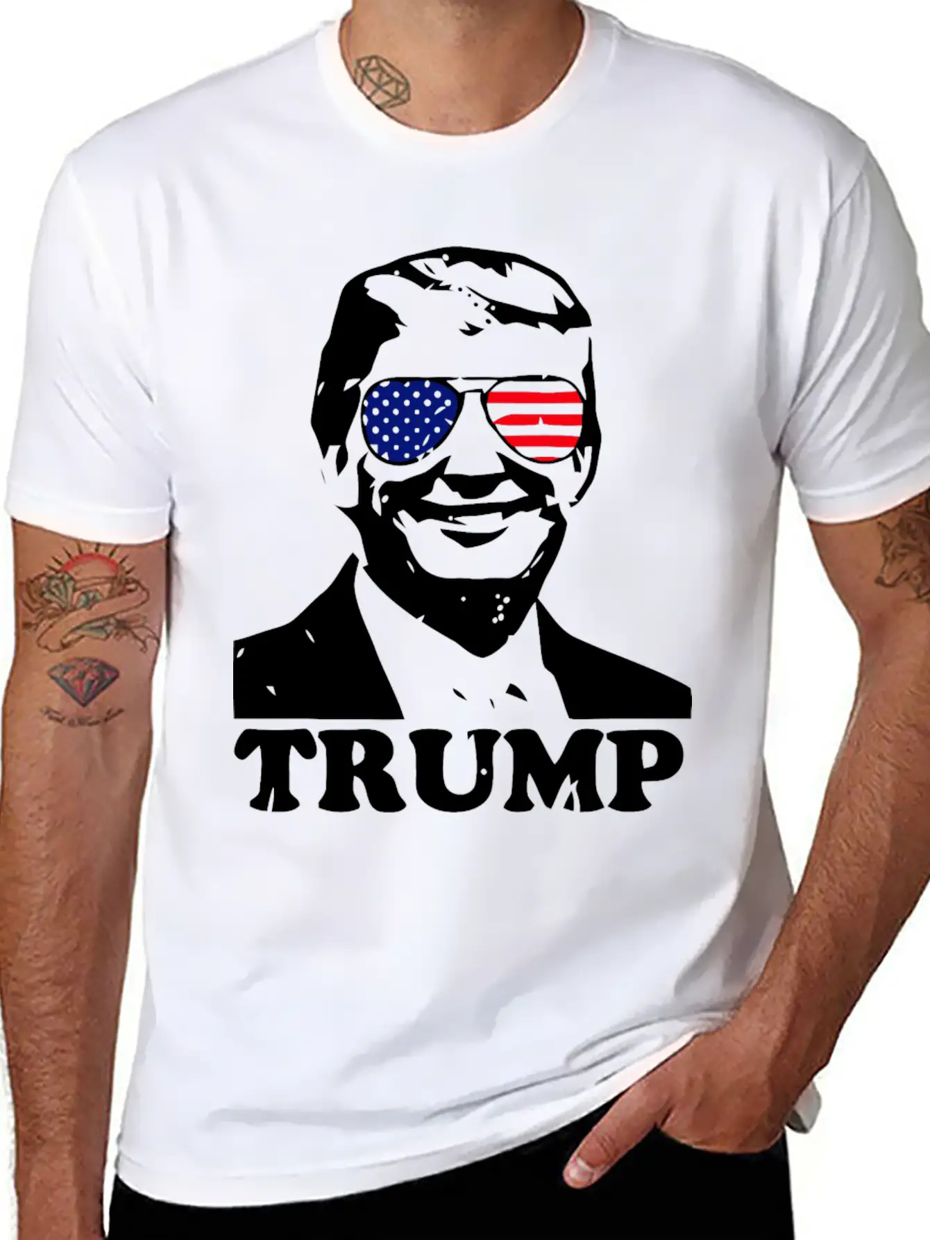 Trump With American Flag Stylish Everyday T-Shirt – Unisex Basic Cotton Tee