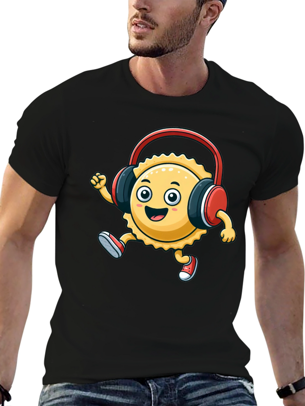 Cartoon Ravioli with Headphones T-Shirt