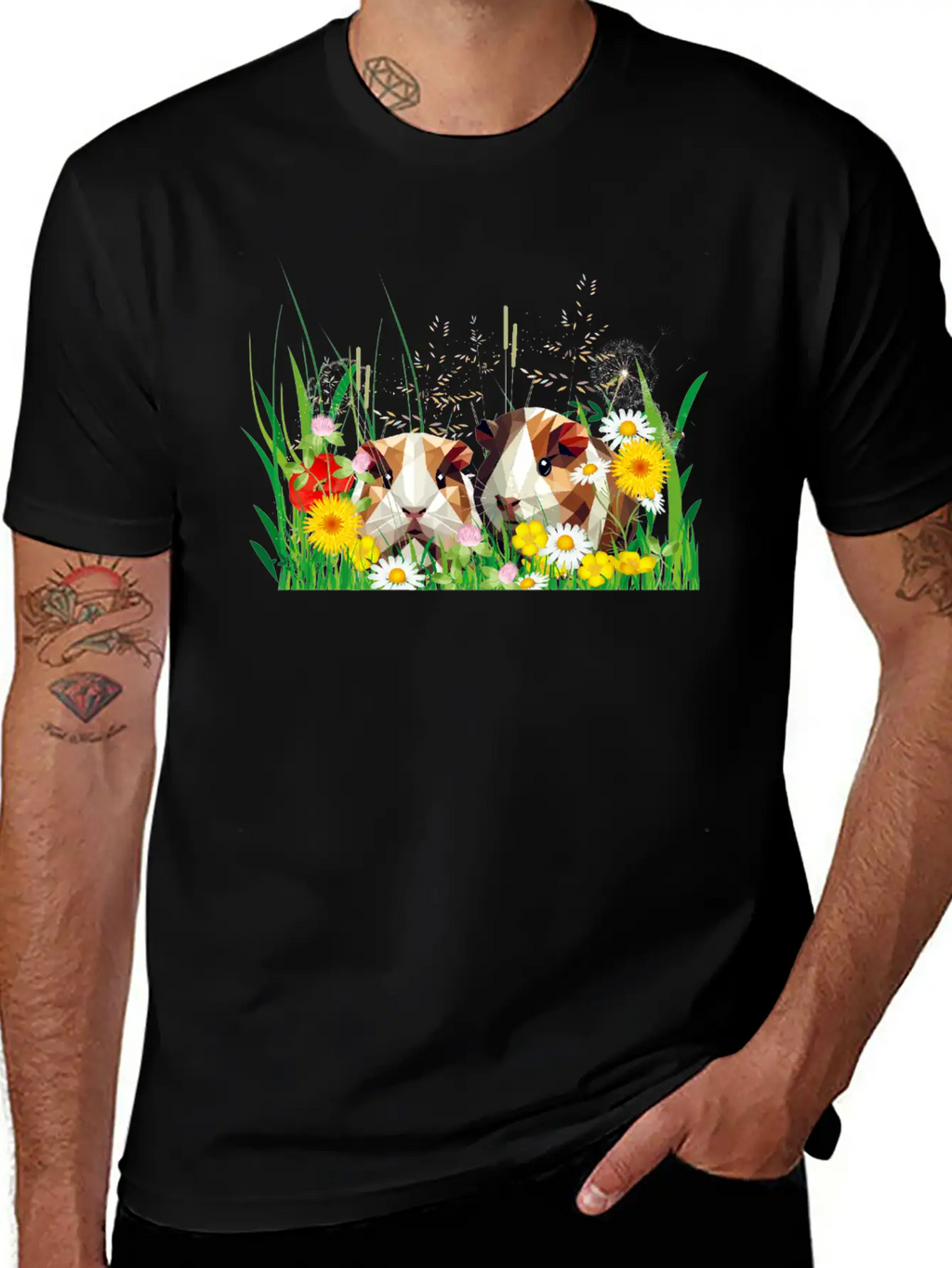 Two Guinea Pigs In The Magic Of A Flower Meadow Casual Graphic T-Shirt – Simple And Comfortable Daily Wear