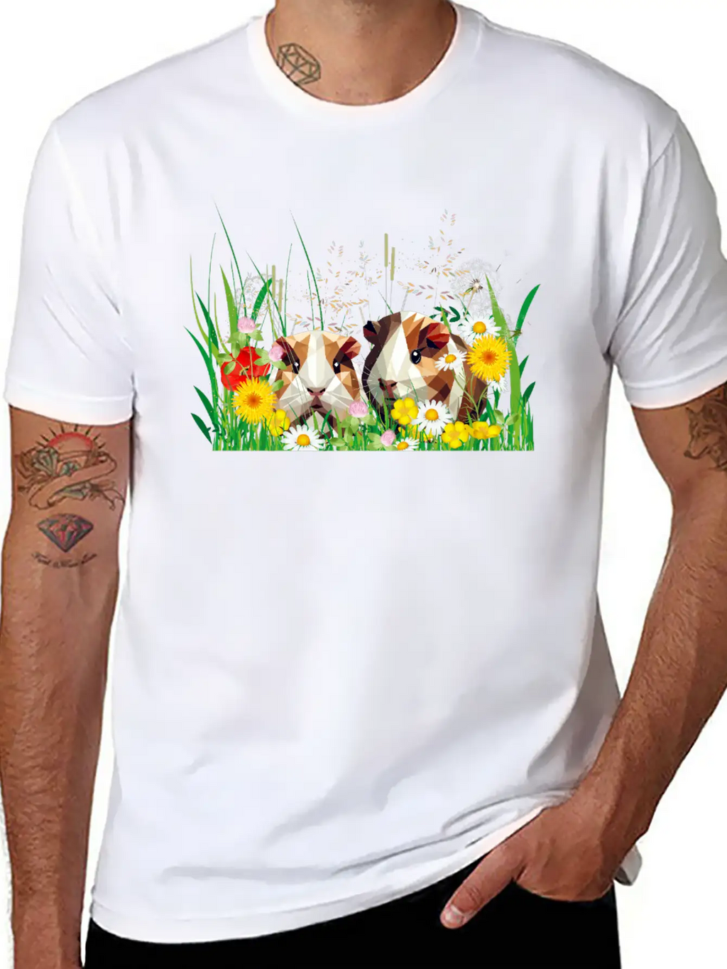 Two Guinea Pigs In The Magic Of A Flower Meadow Casual Graphic T-Shirt – Simple And Comfortable Daily Wear