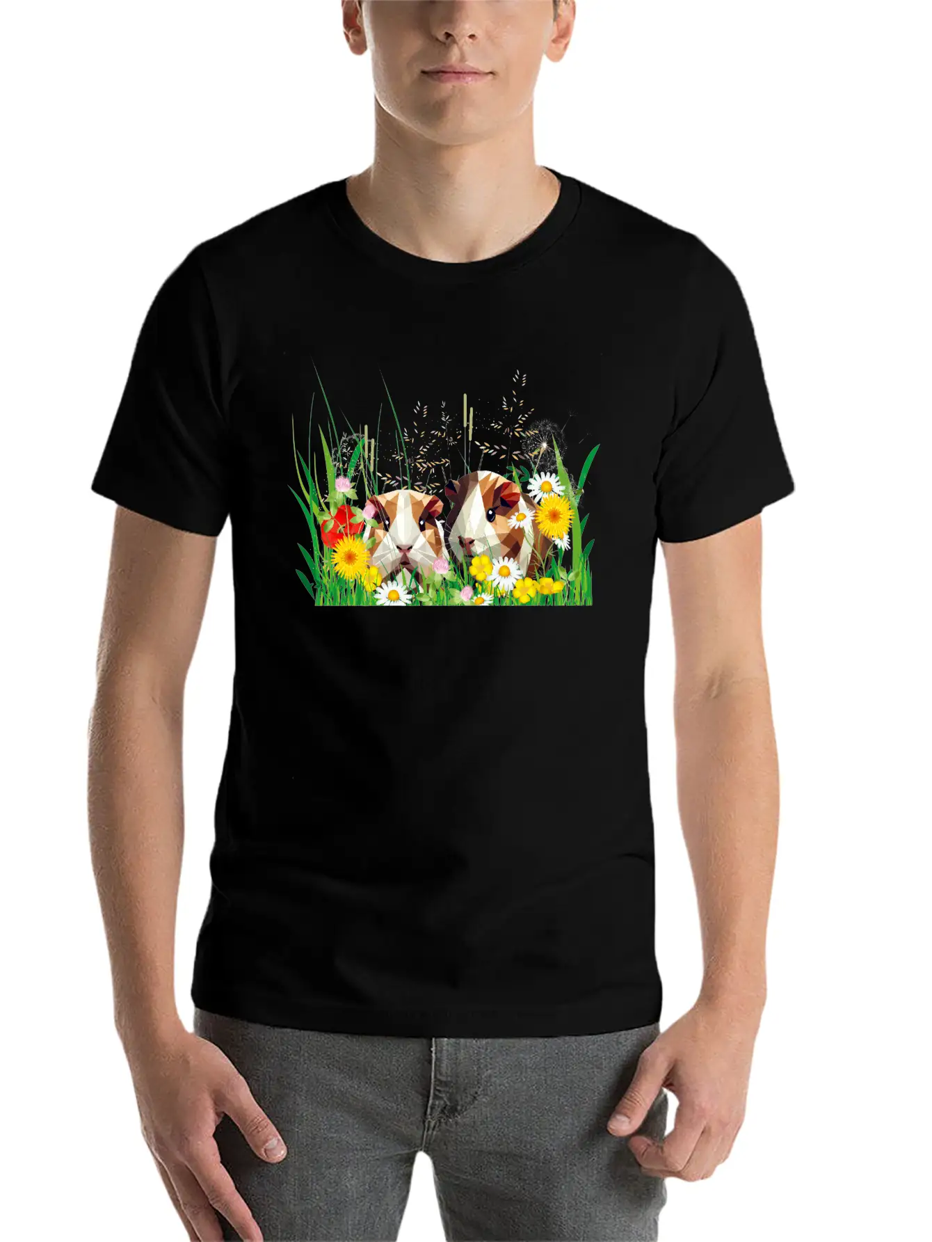 Two Guinea Pigs In The Magic Of A Flower Meadow Casual Graphic T-Shirt – Simple And Comfortable Daily Wear