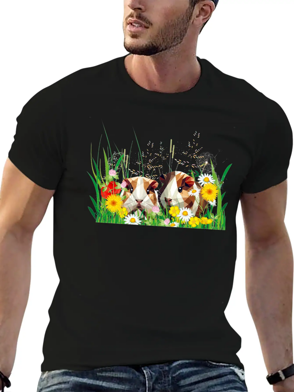 Two Guinea Pigs In The Magic Of A Flower Meadow Casual Graphic T-Shirt – Simple And Comfortable Daily Wear
