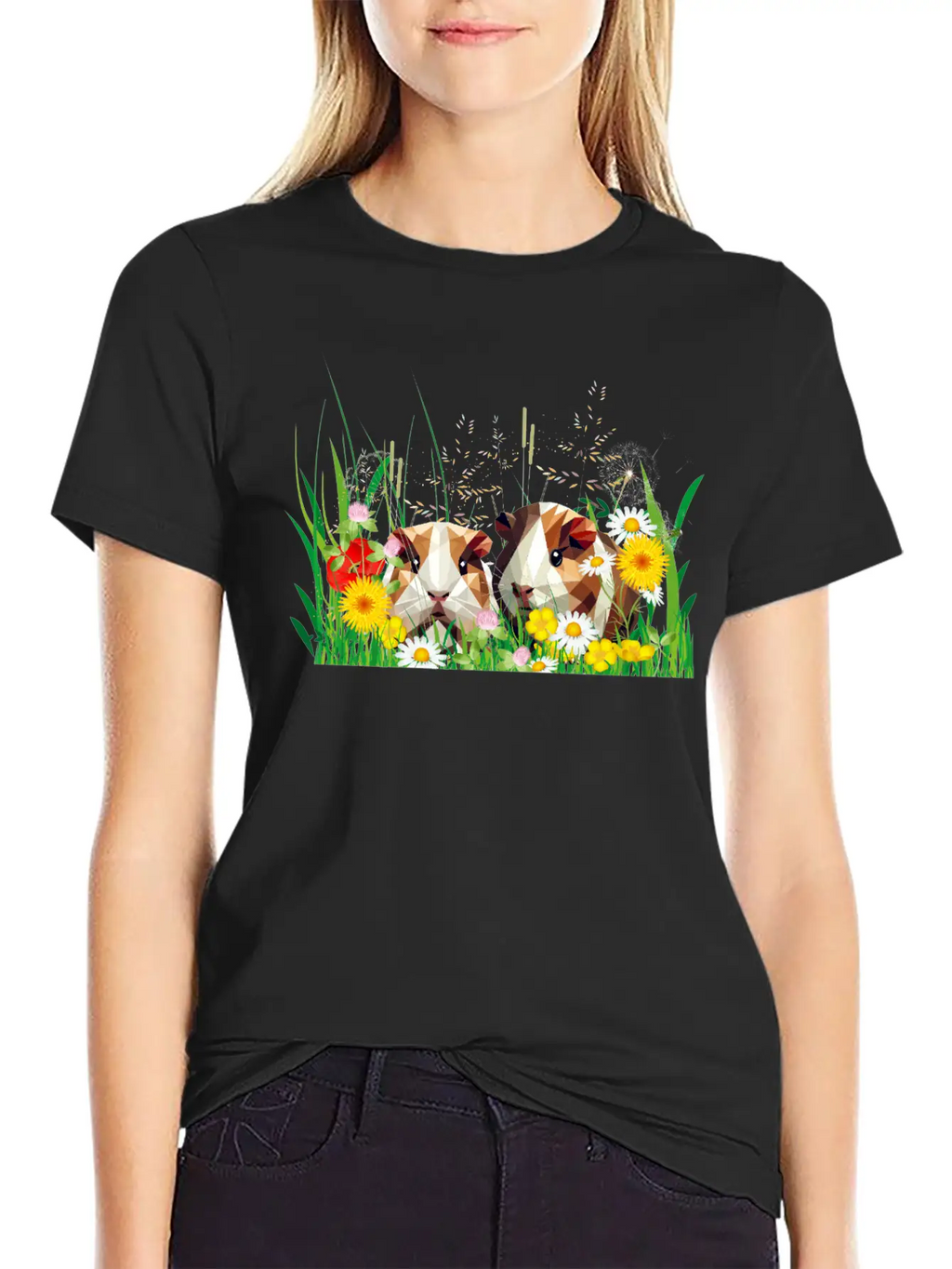 Two Guinea Pigs In The Magic Of A Flower Meadow Casual Graphic T-Shirt – Simple And Comfortable Daily Wear