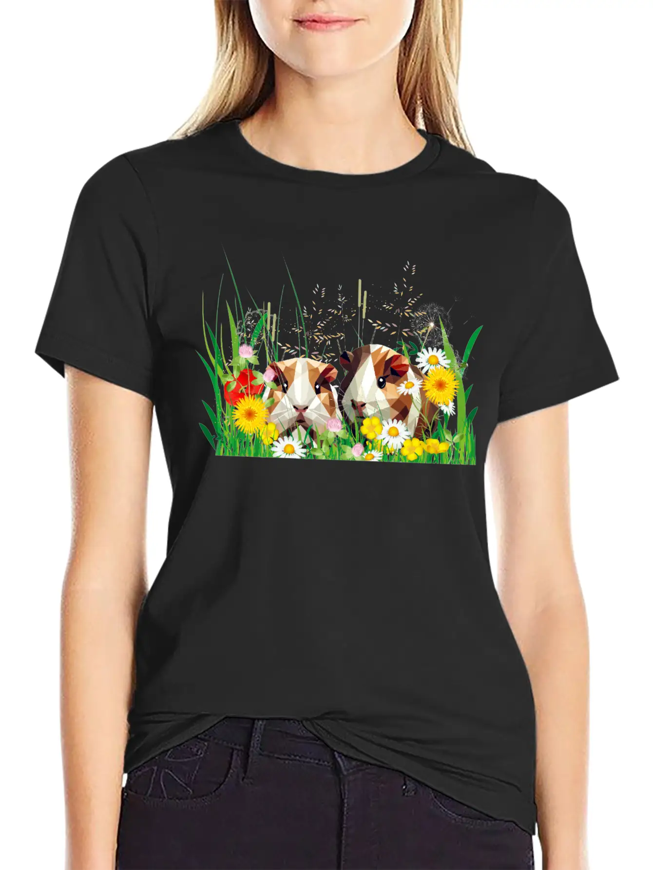 Two Guinea Pigs In The Magic Of A Flower Meadow Casual Graphic T-Shirt – Simple And Comfortable Daily Wear