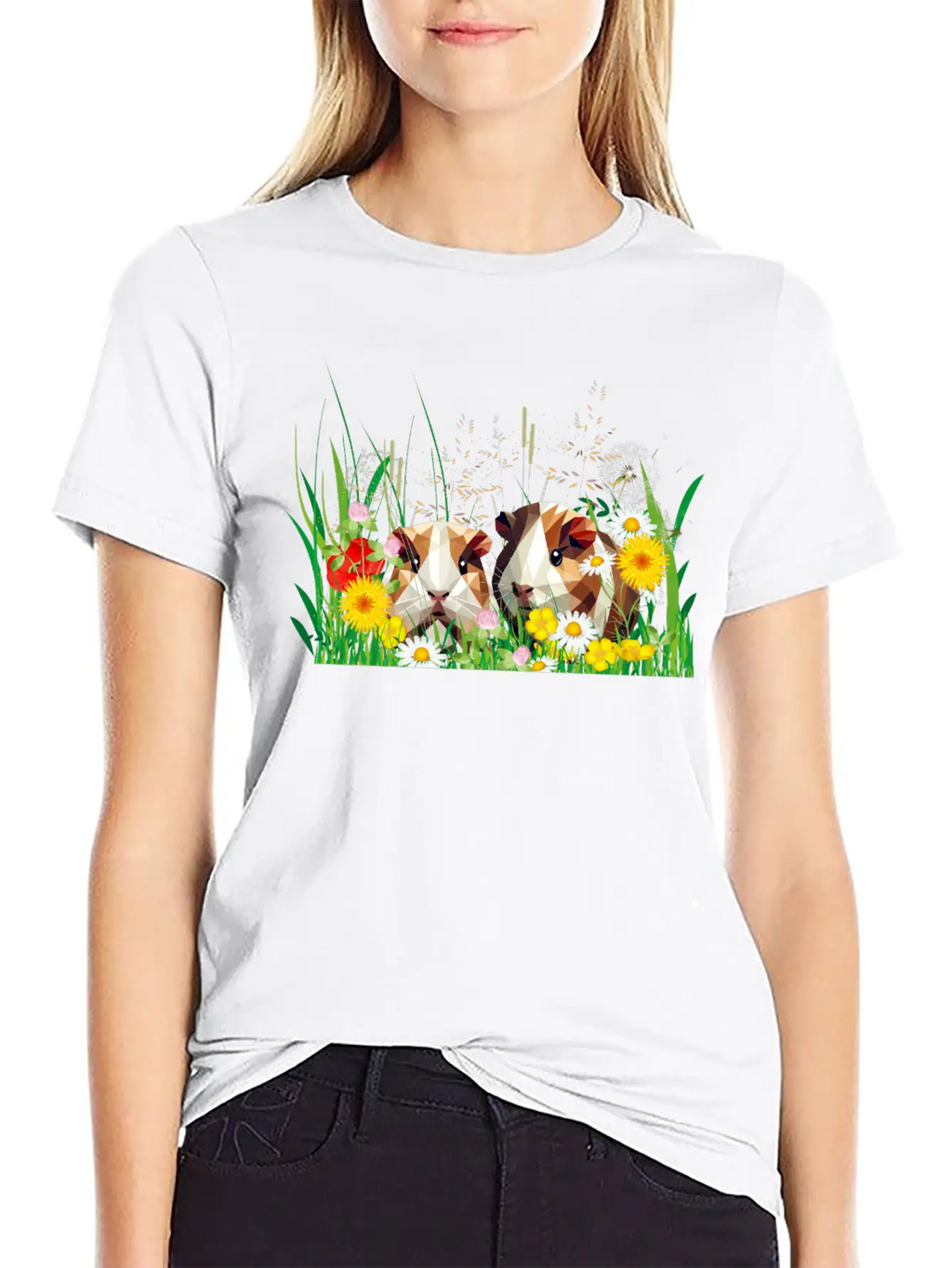 Two Guinea Pigs In The Magic Of A Flower Meadow Casual Graphic T-Shirt – Simple And Comfortable Daily Wear