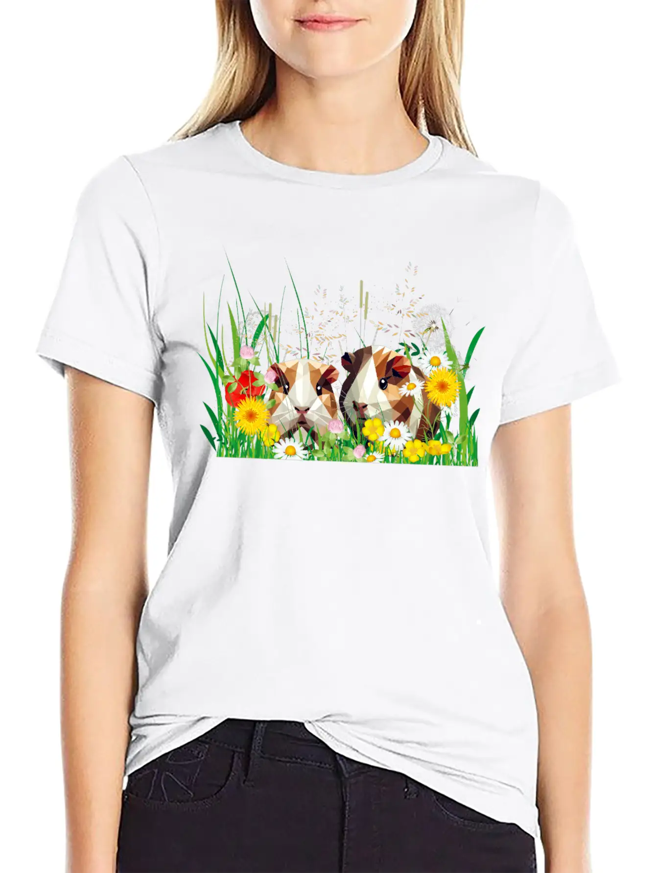 Two Guinea Pigs In The Magic Of A Flower Meadow Casual Graphic T-Shirt – Simple And Comfortable Daily Wear