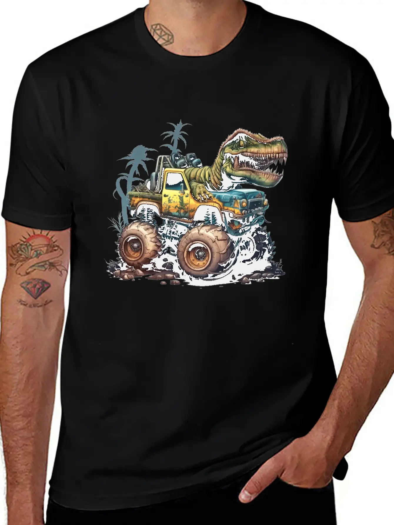 Tyrannosaurus Rex On Monster Truck Breathable Soft Cotton T-Shirt – Timeless Casual Look