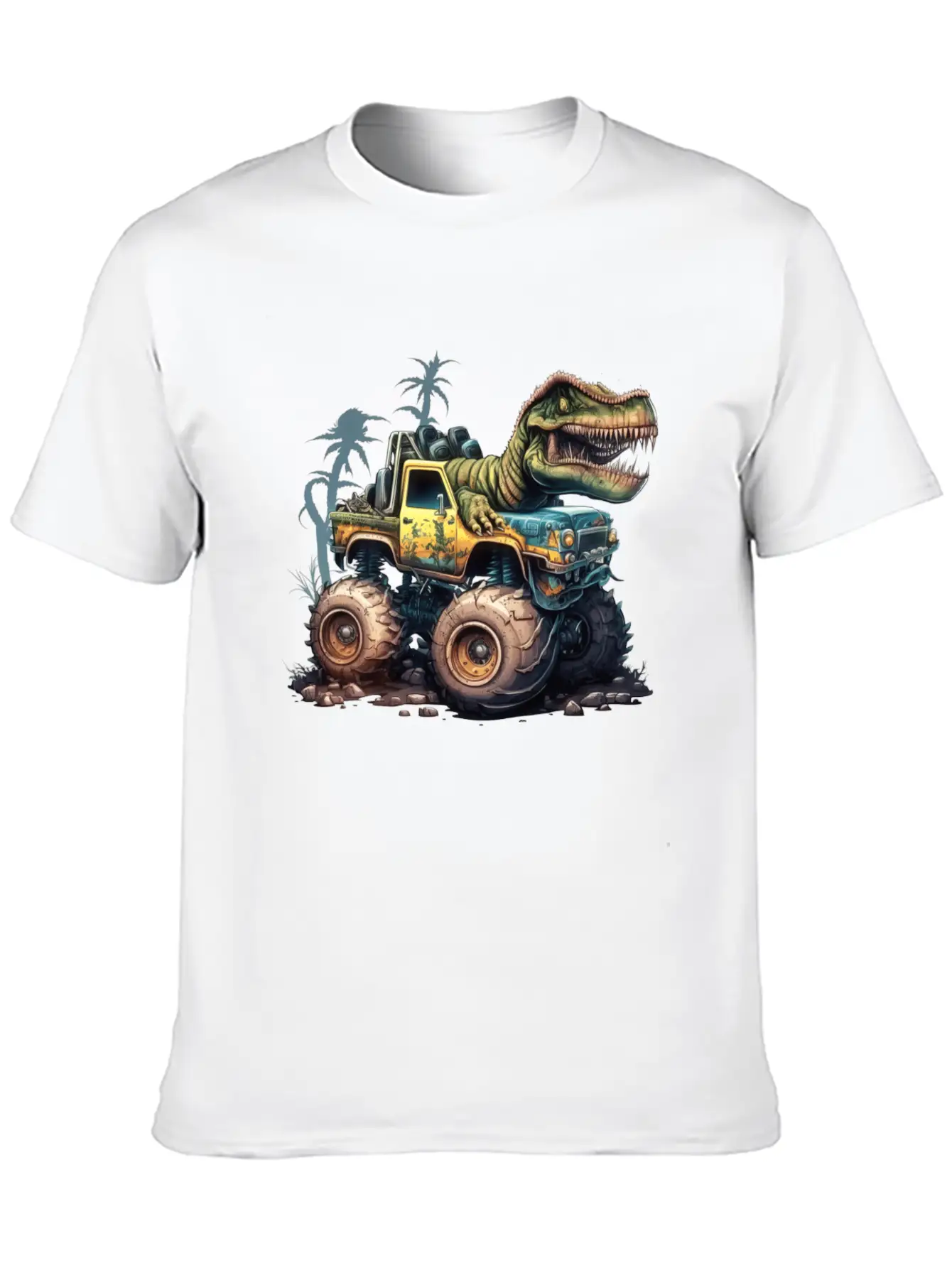 Tyrannosaurus Rex On Monster Truck Breathable Soft Cotton T-Shirt – Timeless Casual Look
