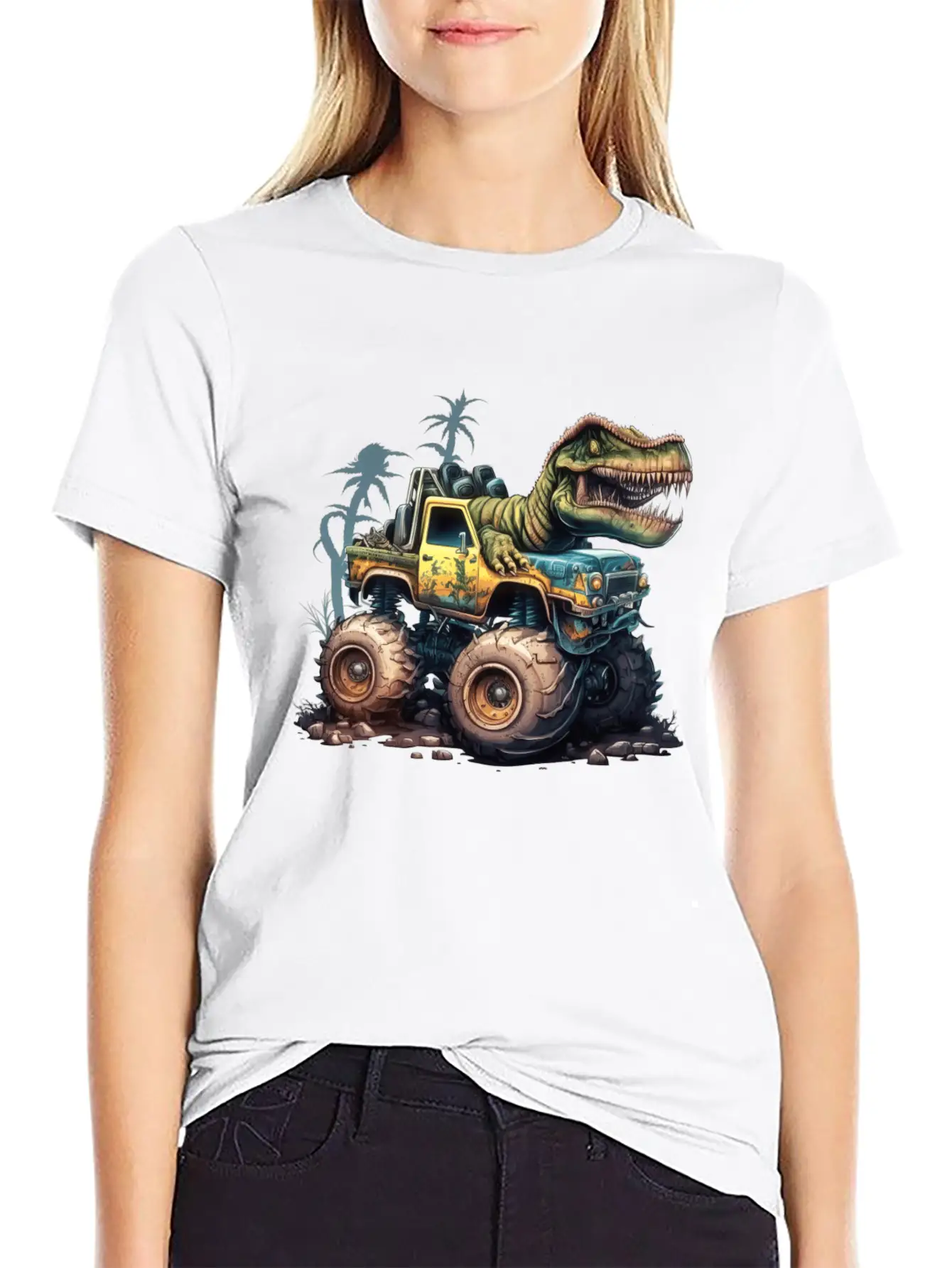 Tyrannosaurus Rex On Monster Truck Breathable Soft Cotton T-Shirt – Timeless Casual Look