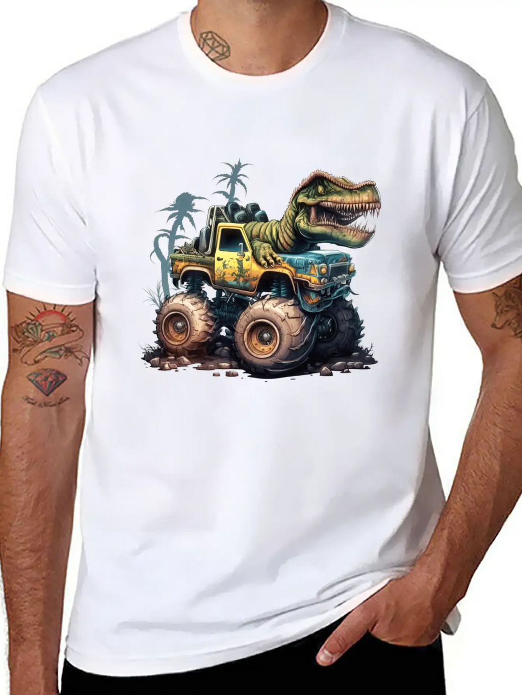 Tyrannosaurus Rex On Monster Truck Breathable Soft Cotton T-Shirt – Timeless Casual Look