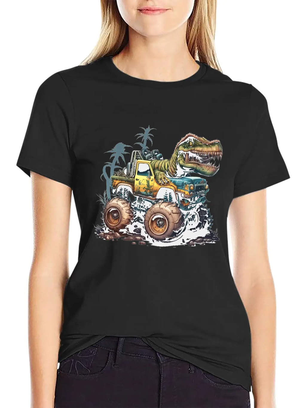 Tyrannosaurus Rex On Monster Truck Breathable Soft Cotton T-Shirt – Timeless Casual Look