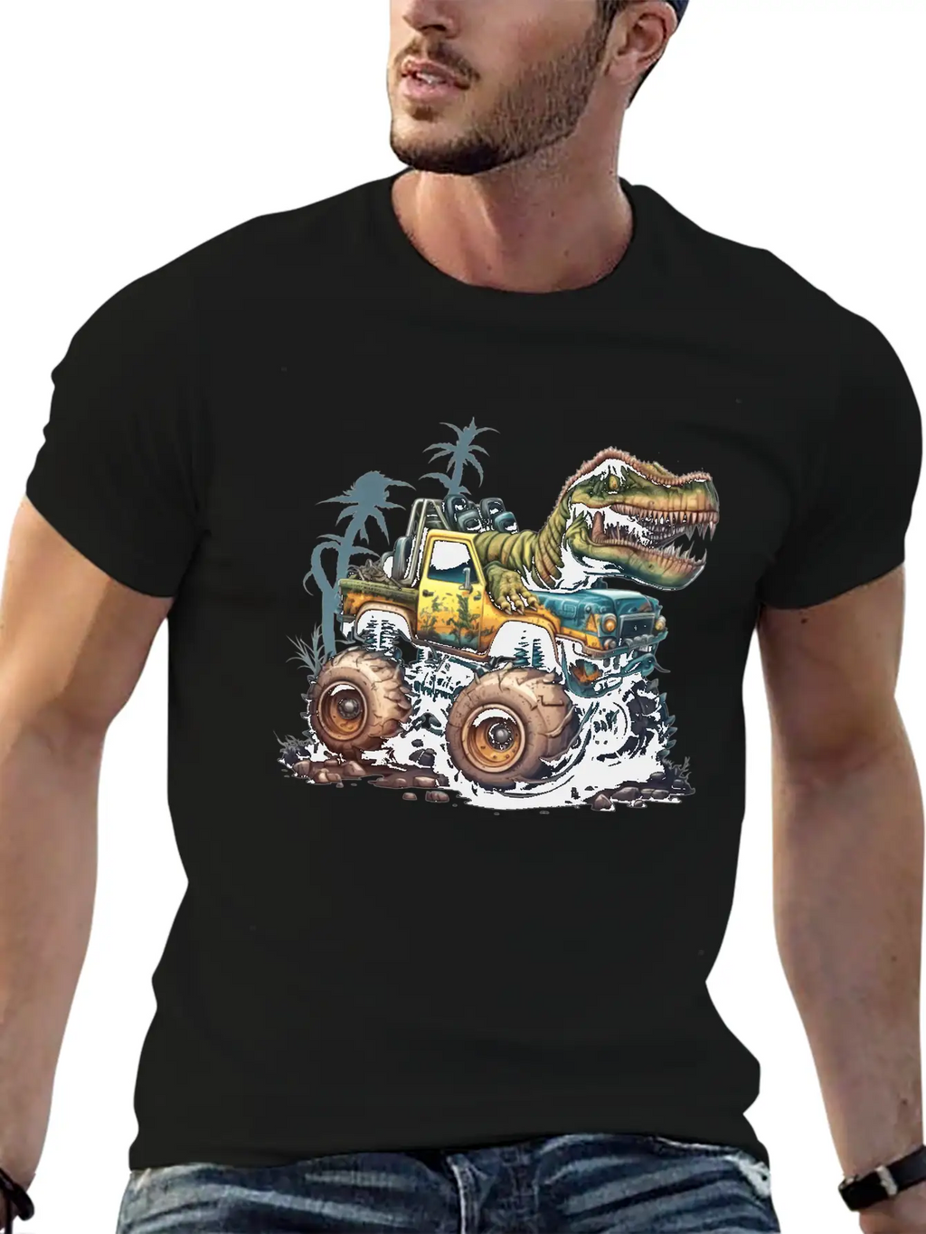Tyrannosaurus Rex On Monster Truck Breathable Soft Cotton T-Shirt – Timeless Casual Look