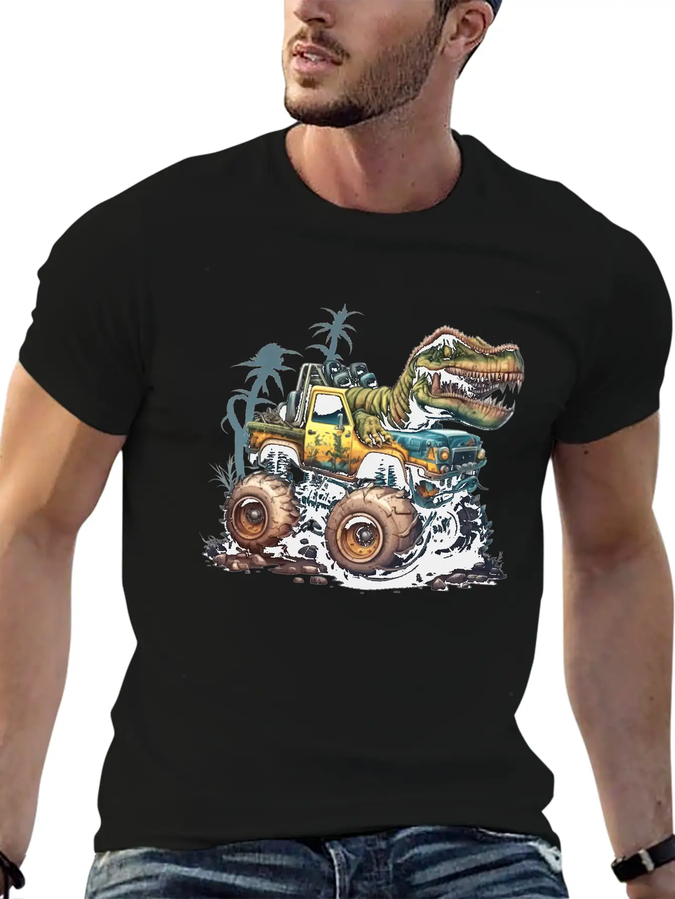 Tyrannosaurus Rex On Monster Truck Breathable Soft Cotton T-Shirt – Timeless Casual Look