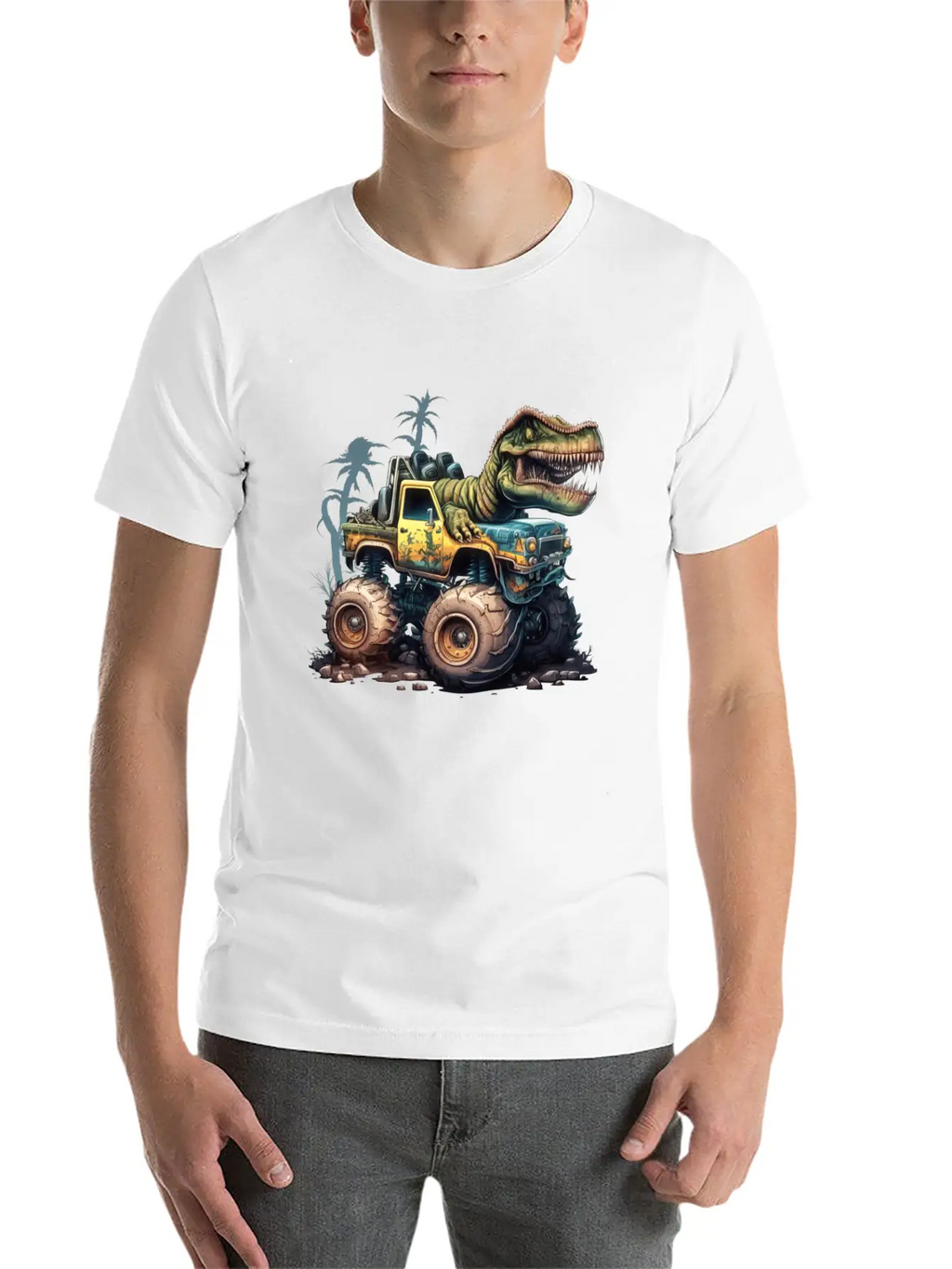 Tyrannosaurus Rex On Monster Truck Breathable Soft Cotton T-Shirt – Timeless Casual Look