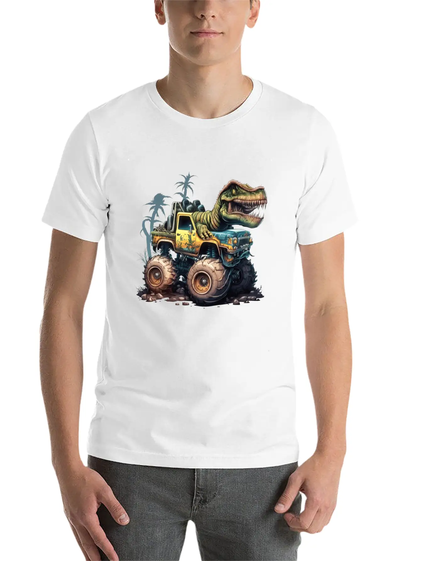 Tyrannosaurus Rex On Monster Truck Breathable Soft Cotton T-Shirt – Timeless Casual Look