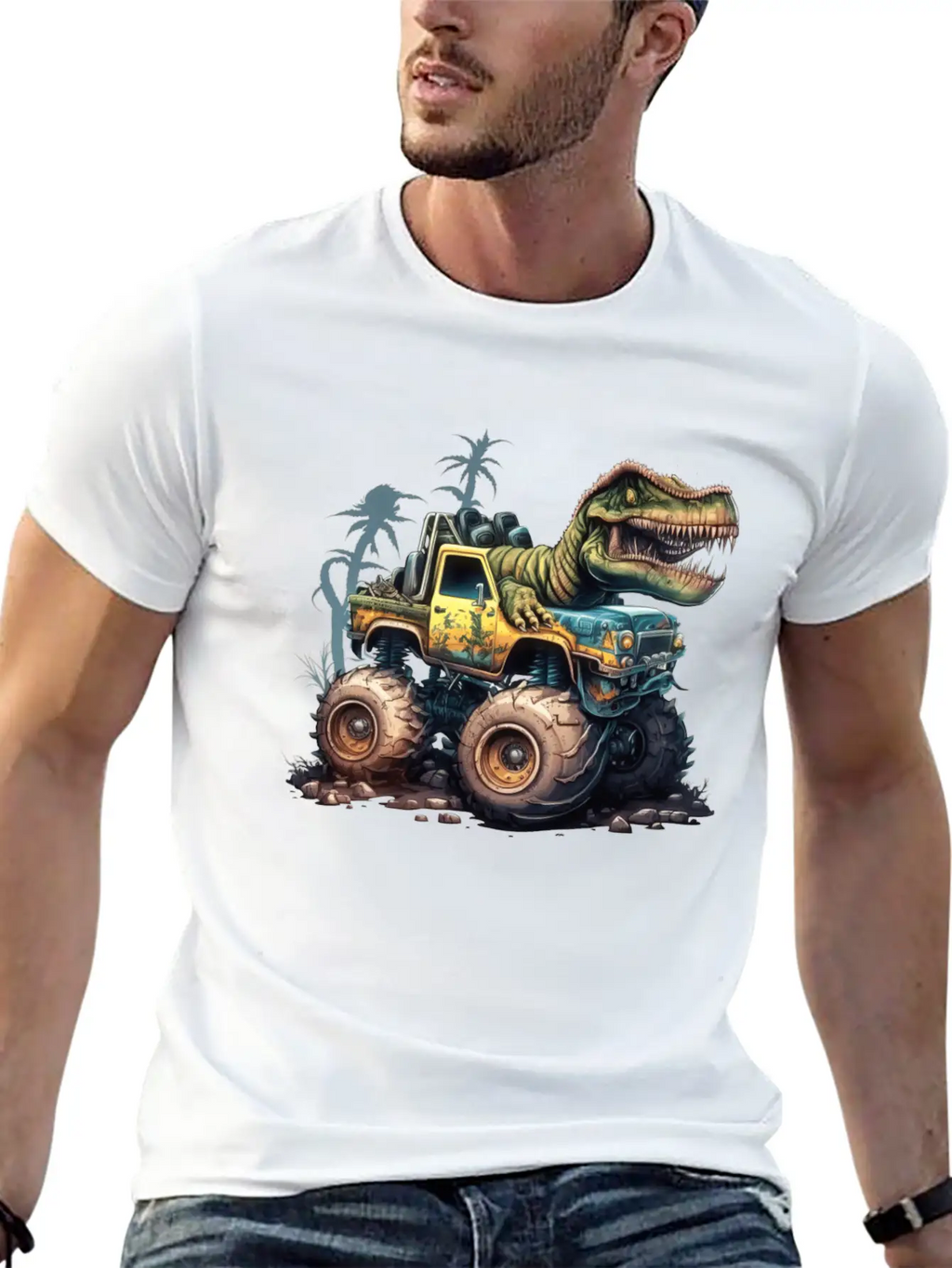 Tyrannosaurus Rex On Monster Truck Breathable Soft Cotton T-Shirt – Timeless Casual Look