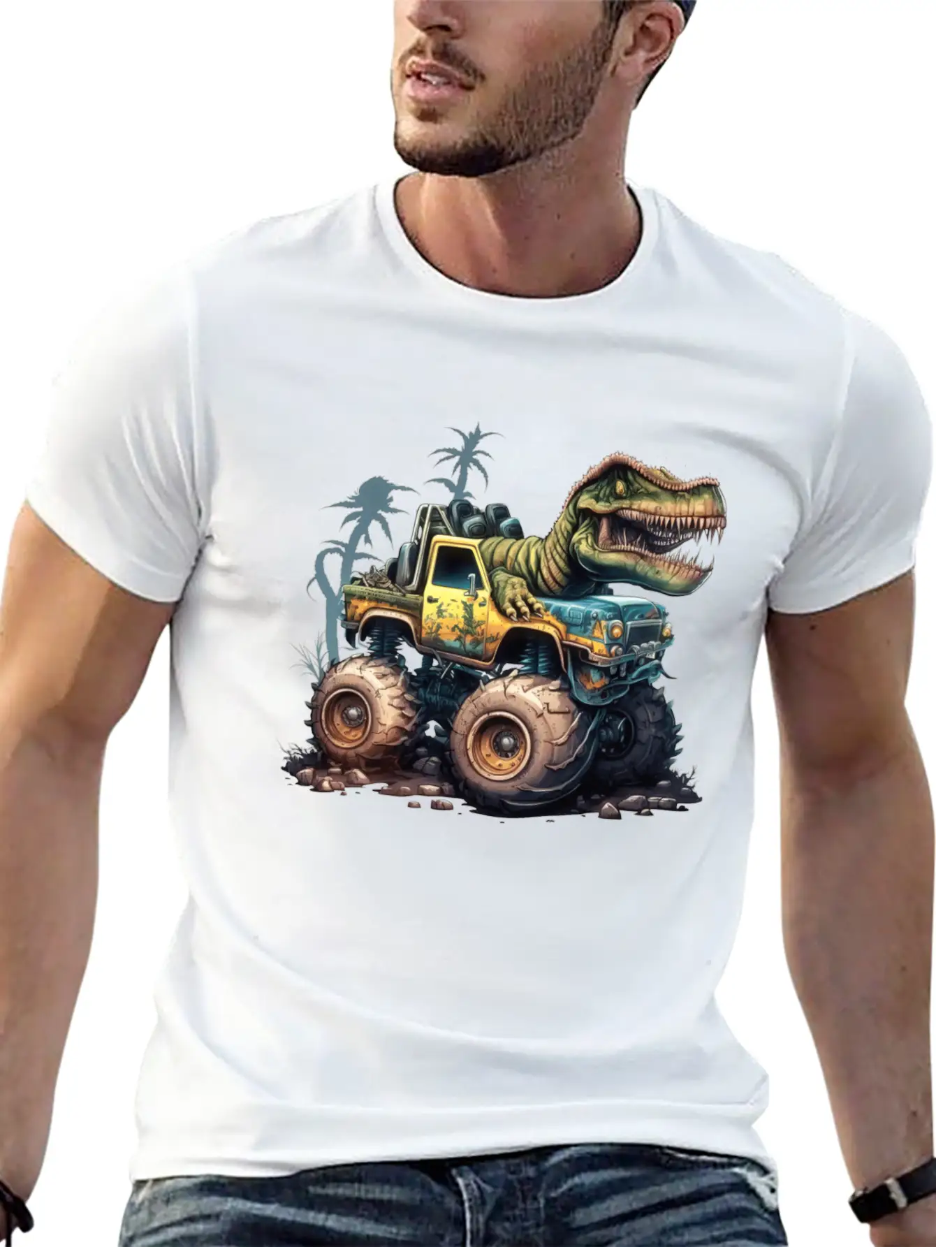 Tyrannosaurus Rex On Monster Truck Breathable Soft Cotton T-Shirt – Timeless Casual Look