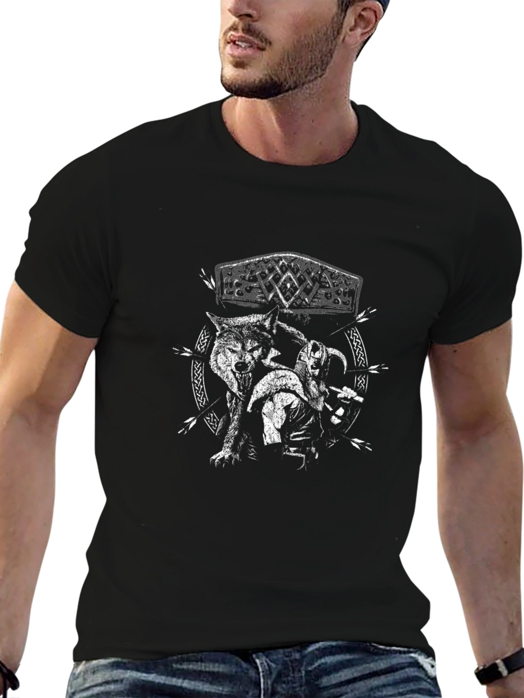 Viking Wolf Graphic T-Shirt - Black Cotton Tee