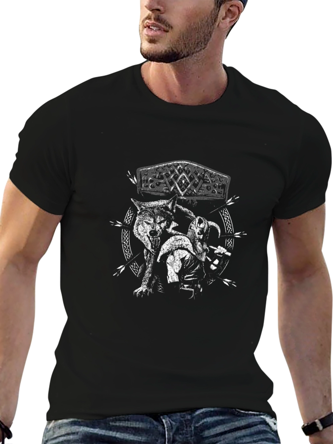 Viking Wolf Graphic T-Shirt - Black Cotton Tee