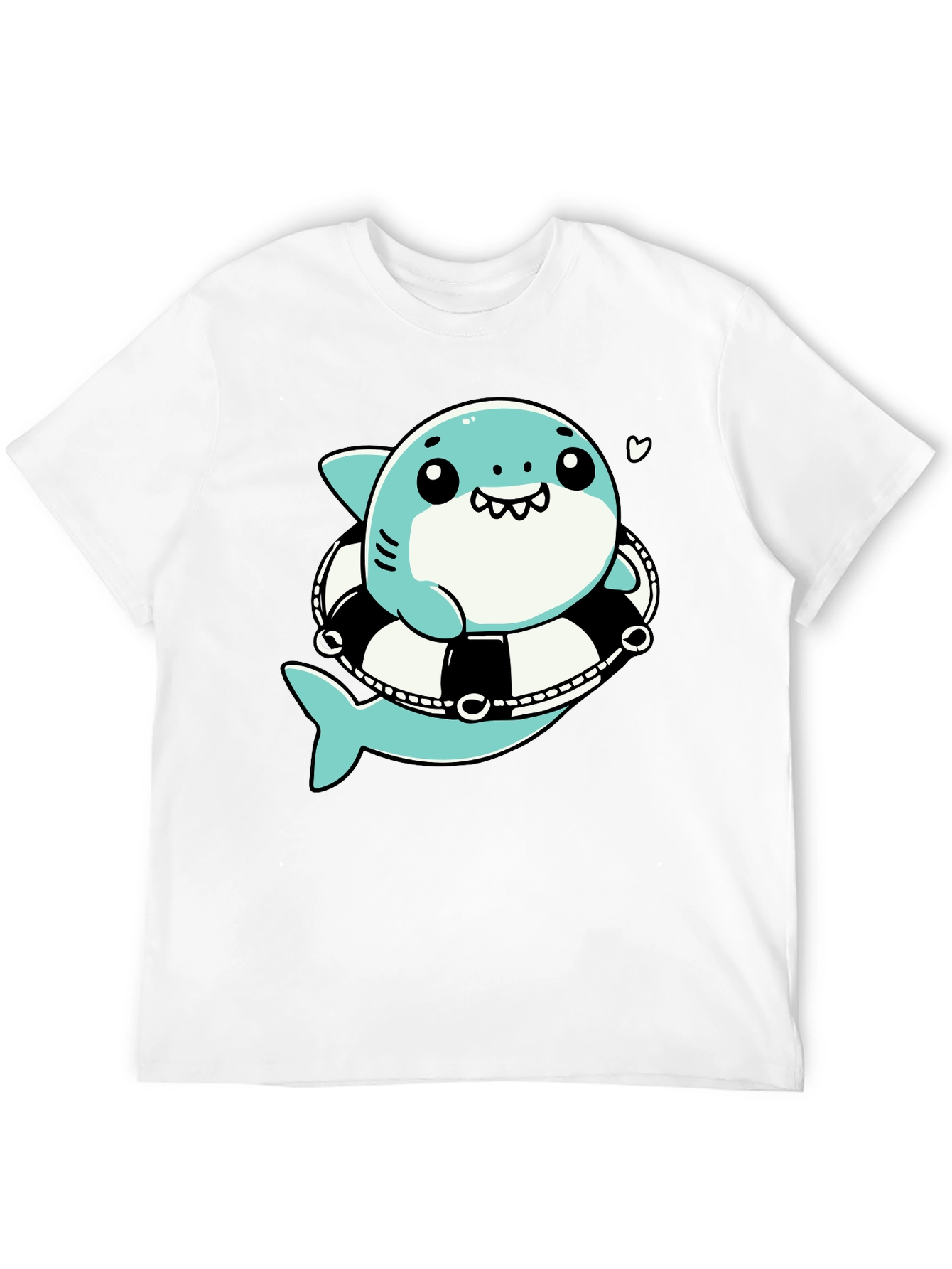 Cute Shark in Life Ring Graphic Tee - Black Cotton T-Shirt