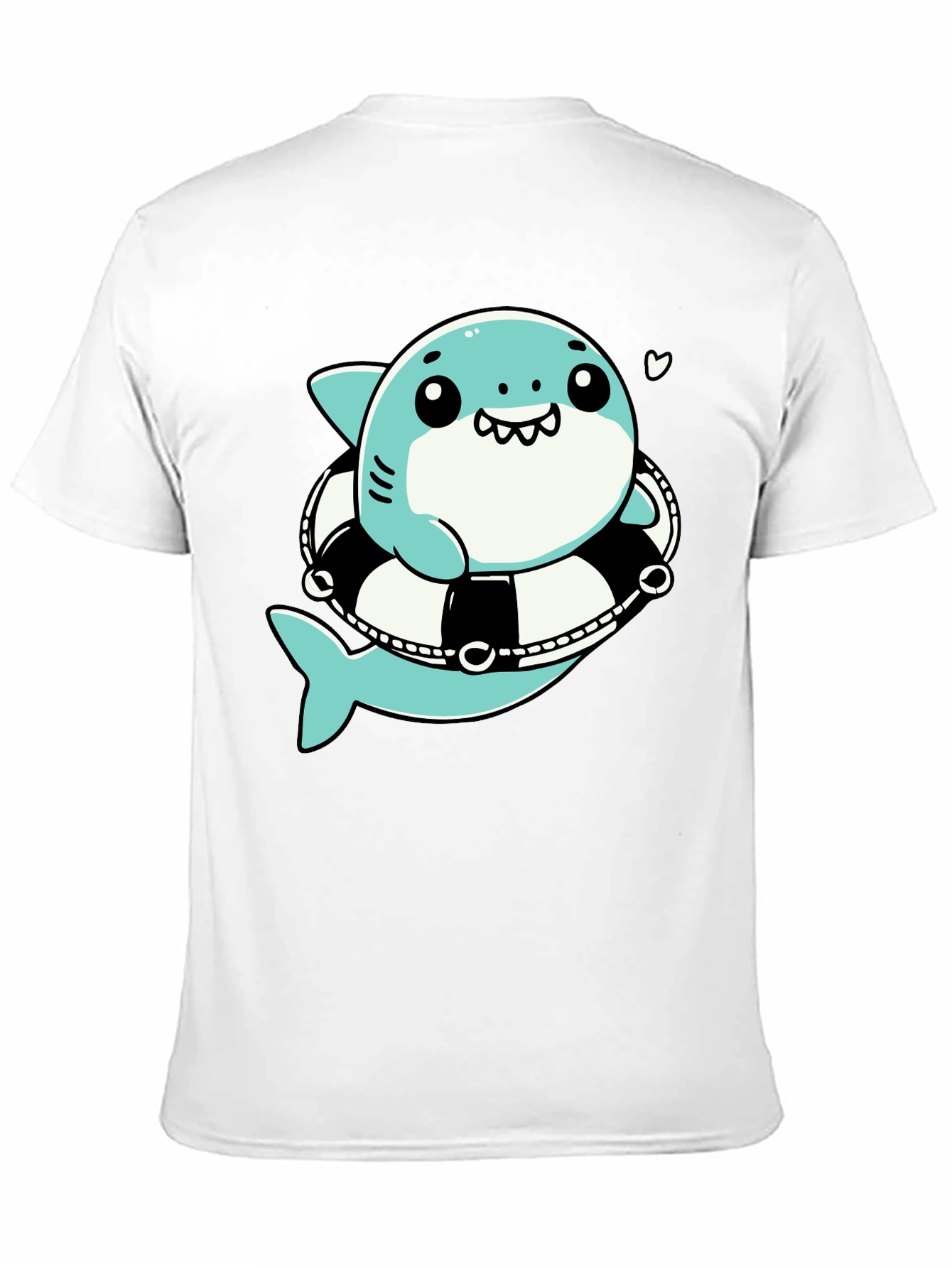 Cute Shark in Life Ring Graphic Tee - Black Cotton T-Shirt