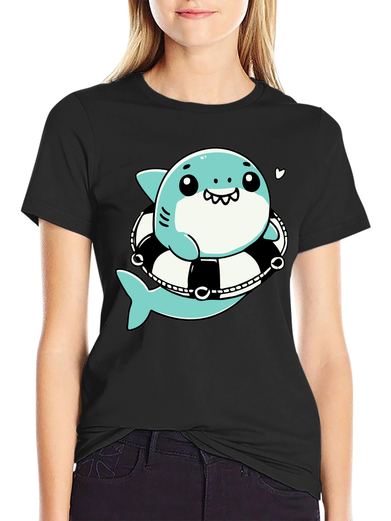 Cute Shark in Life Ring Graphic Tee - Black Cotton T-Shirt