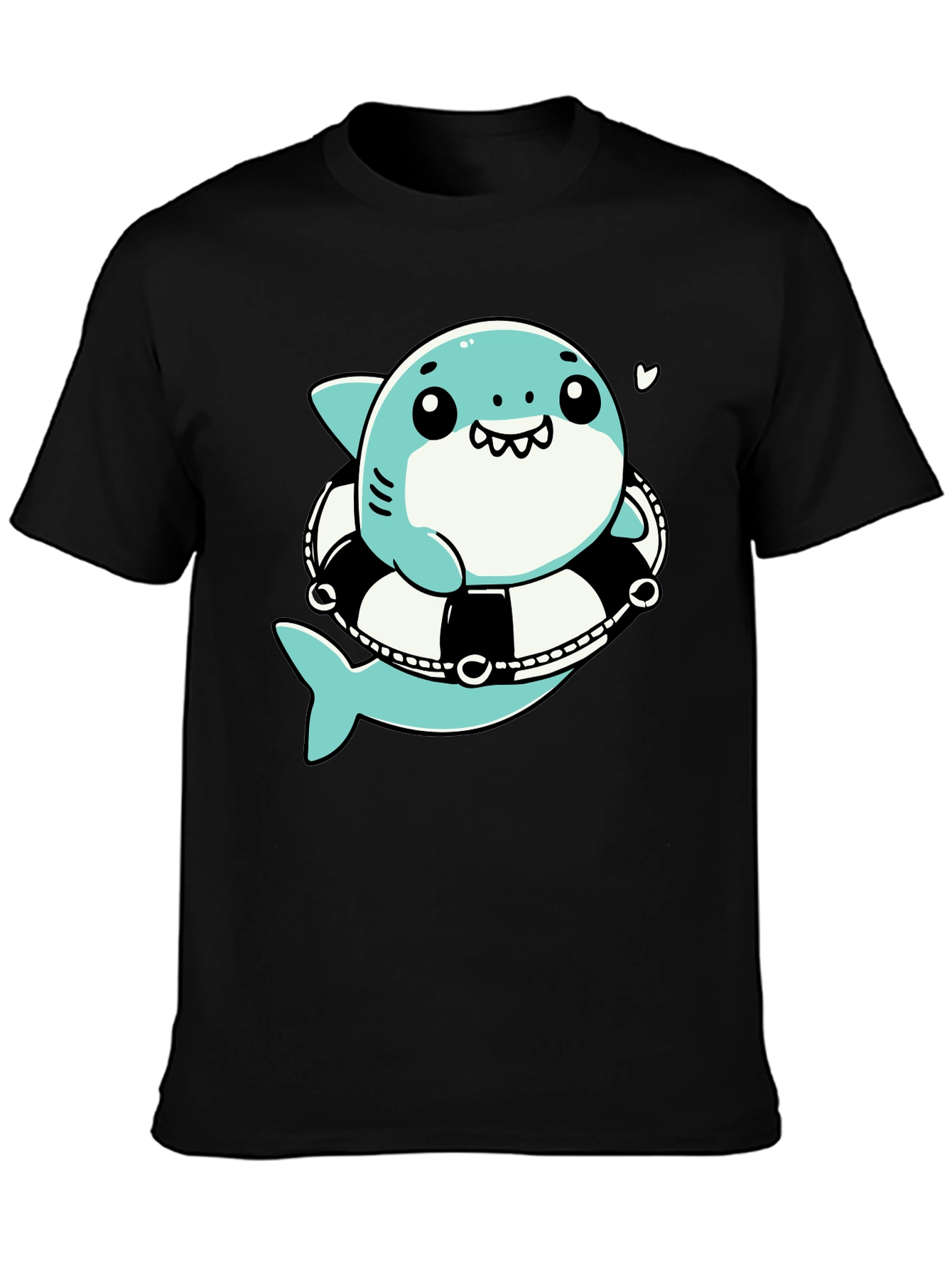 Cute Shark in Life Ring Graphic Tee - Black Cotton T-Shirt